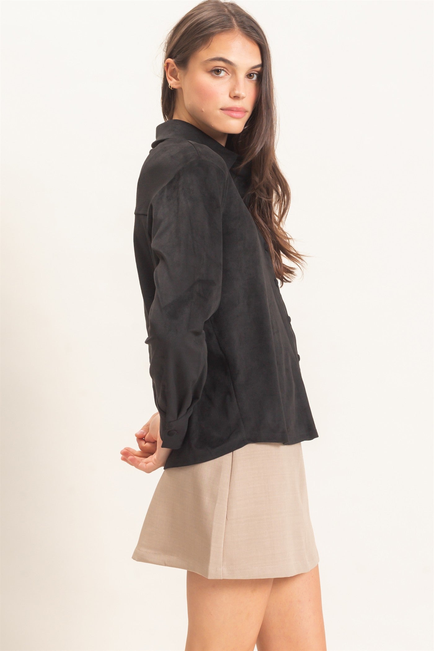 Wholesale Suede Button-Up Shirt Shirts HF26F083 BLACK HYFVE
