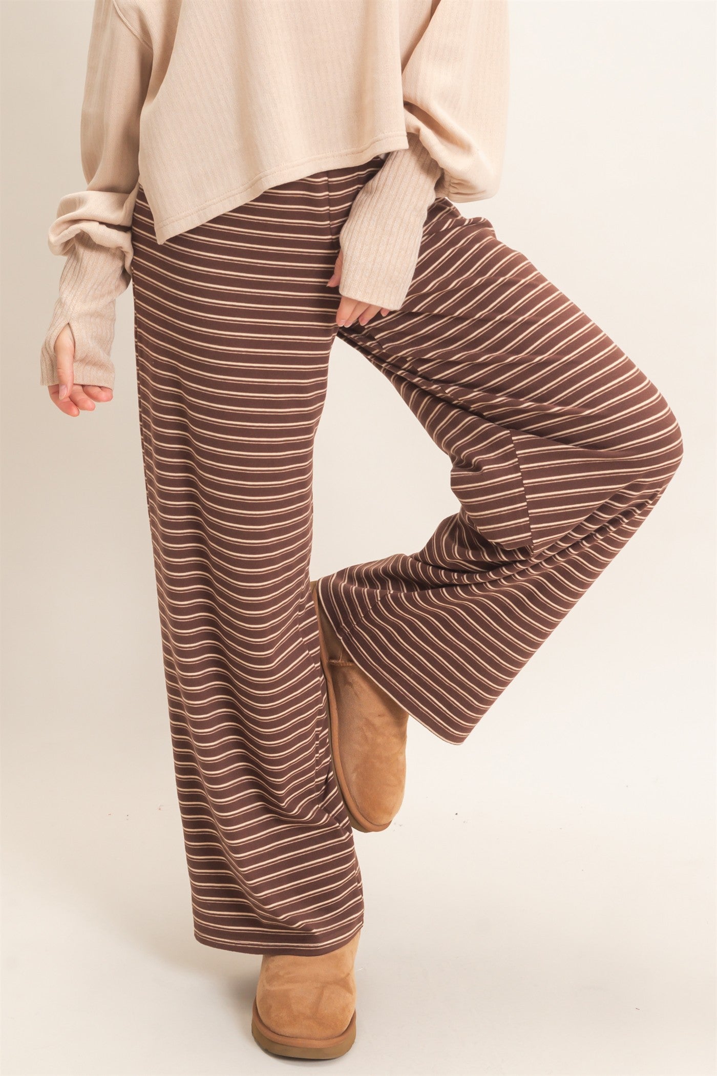 Wholesale Striped Elastic Waist Pants Pants HF26C677 BROWN HYFVE