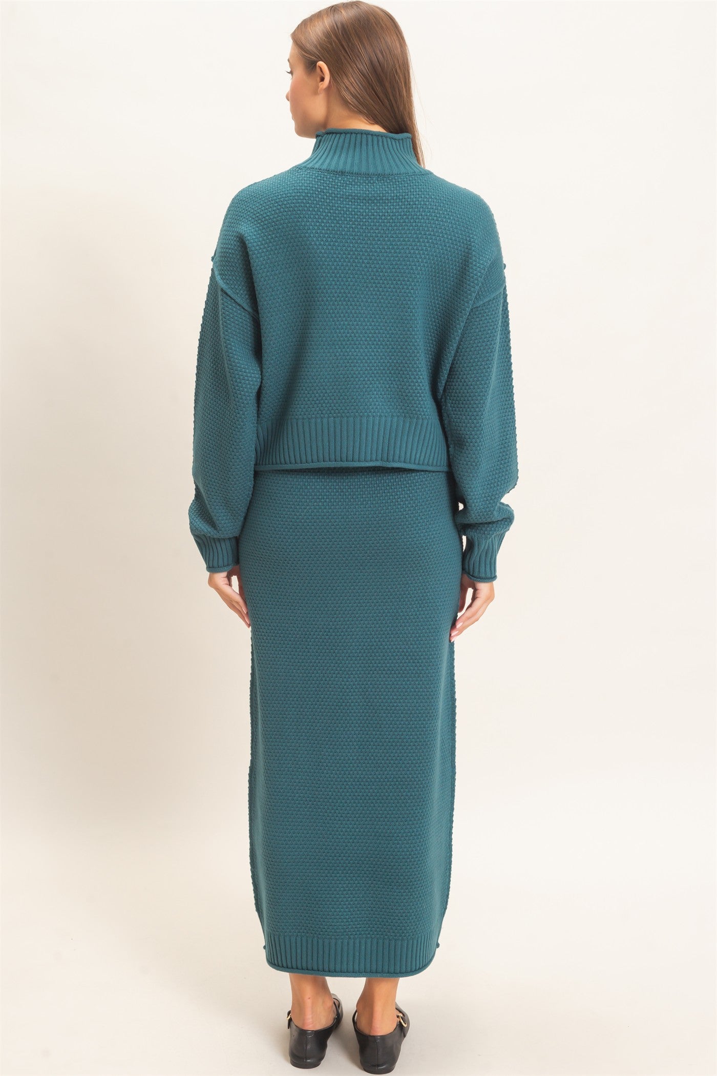 Wholesale High Neck Long Sleeve Top & Maxi Skirt Set Clothing DZ26E272-SET DARK TEAL DOUBLE ZERO