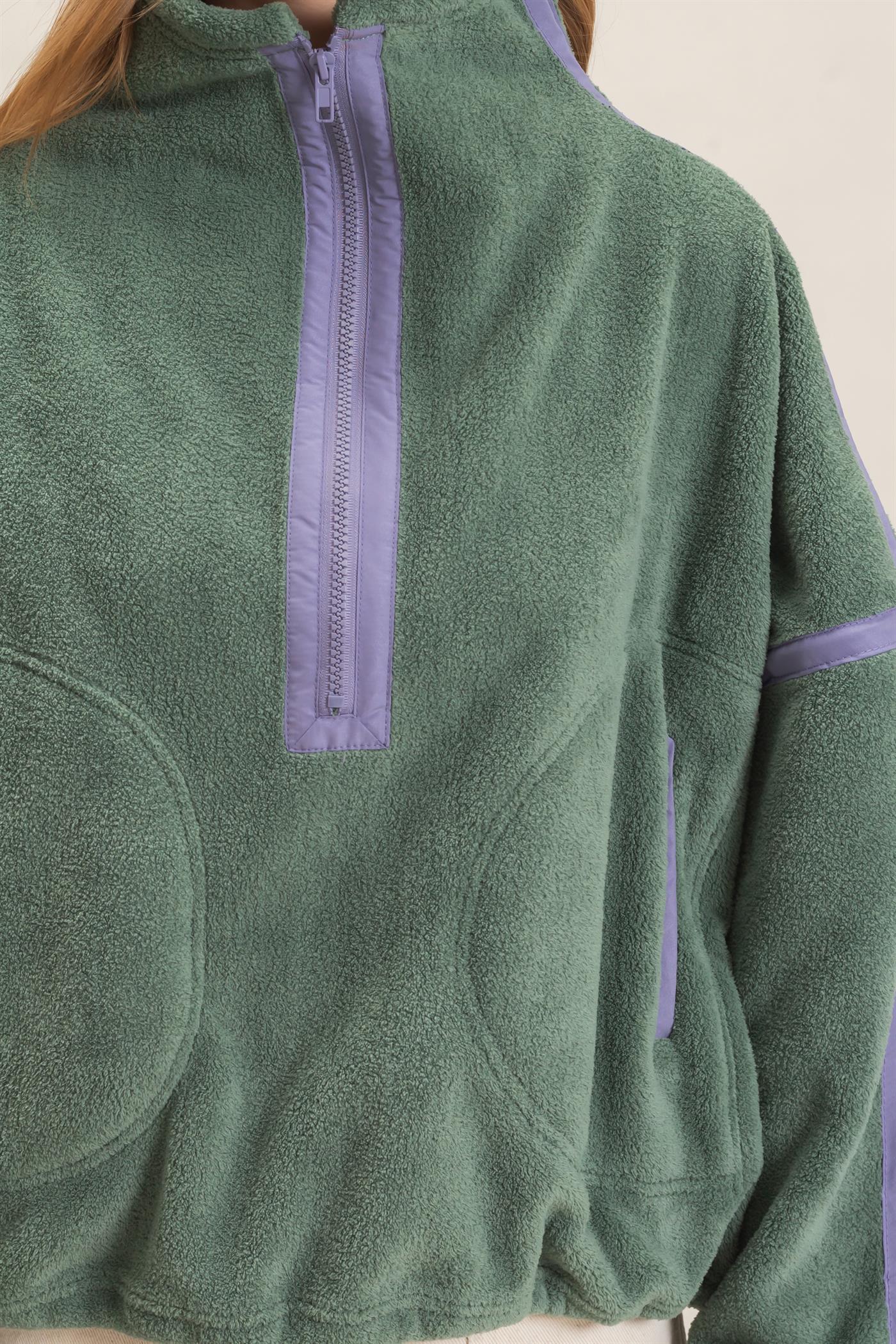 Wholesale Contrast Trim Half-Zip Fleece Pullover Outerwear HF26F206-D PISTACHIO HYFVE