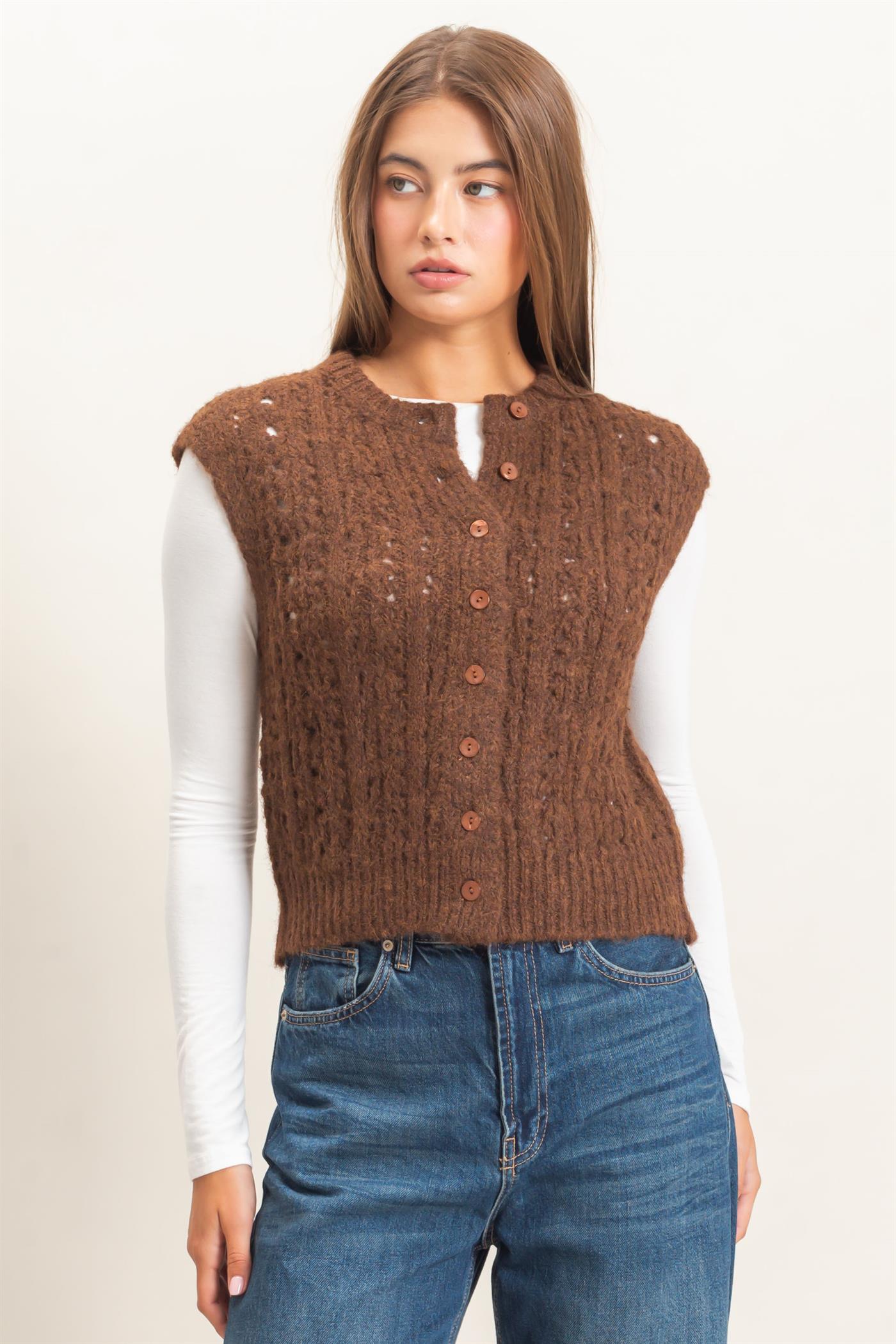 Wholesale Open Knit Sleeveless Button Front Sweater Vest Sweaters DZ26A829 BROWN DOUBLE ZERO