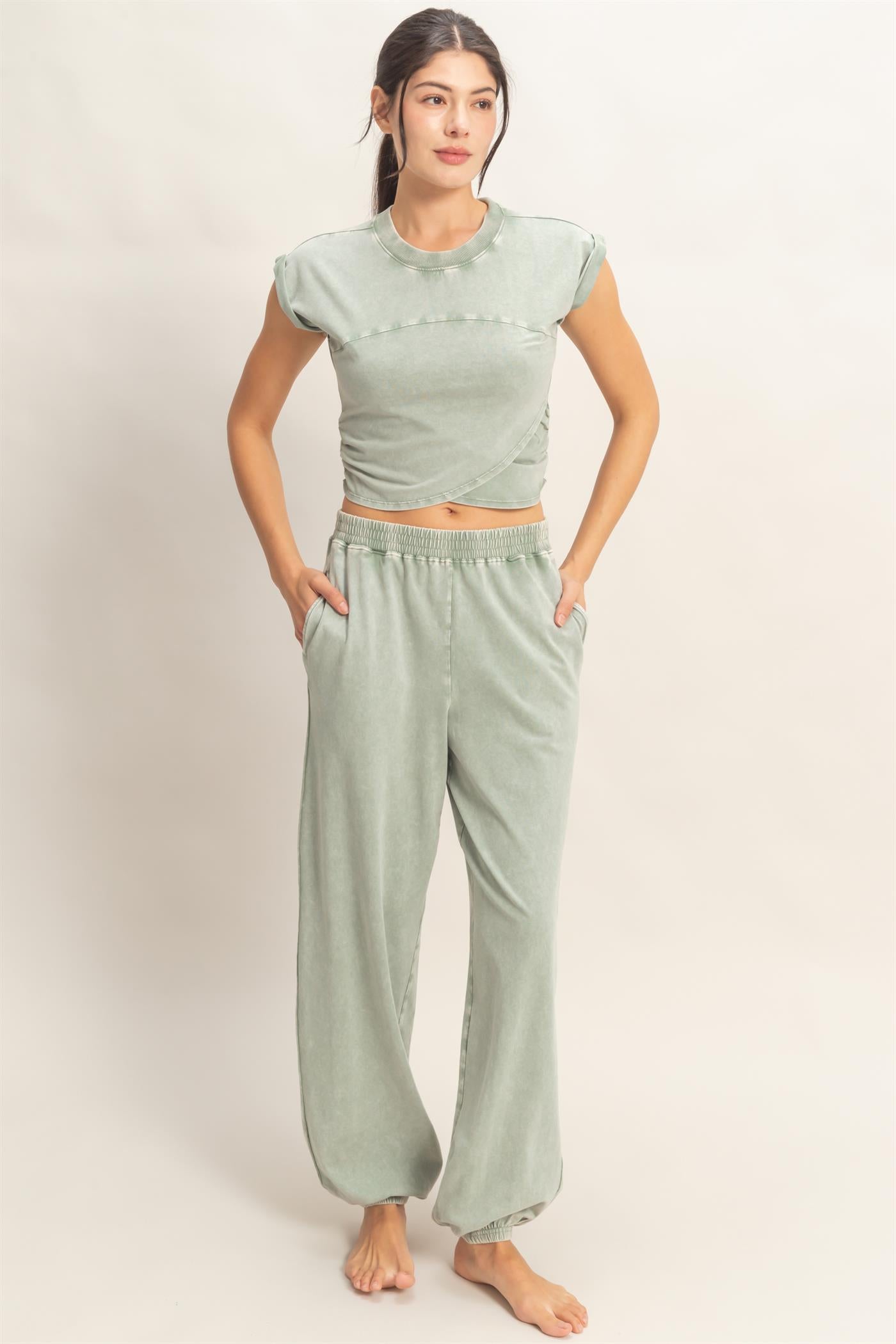 Wholesale Rolled Sleeve Wrap-Front Crop Top And Jogger Set Clothing DZ26A172-SET SAGE GREEN DOUBLE ZERO