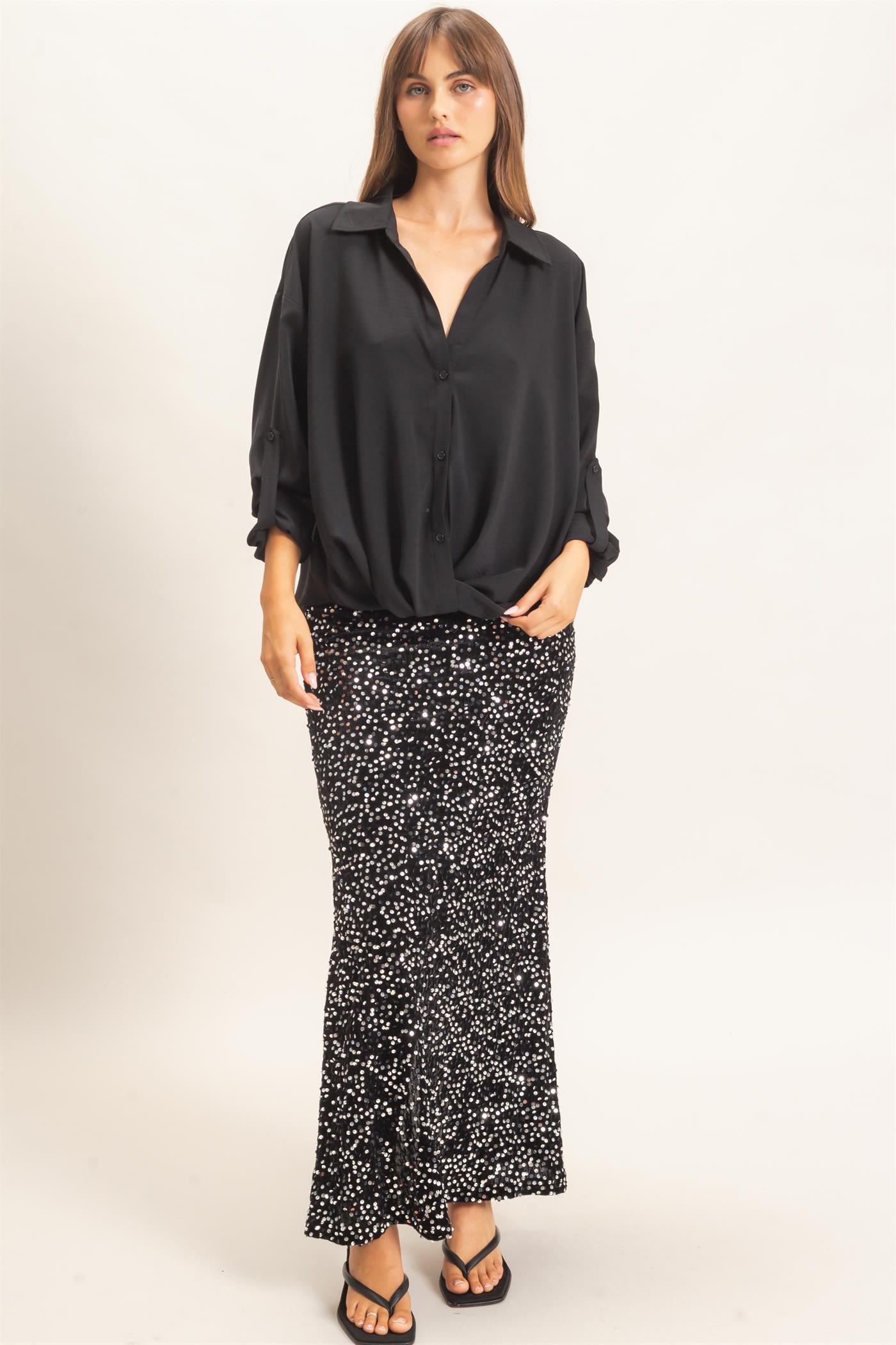 Wholesale Button-Up Dolman Sleeve Top Shirts HF26F070 BLACK HYFVE
