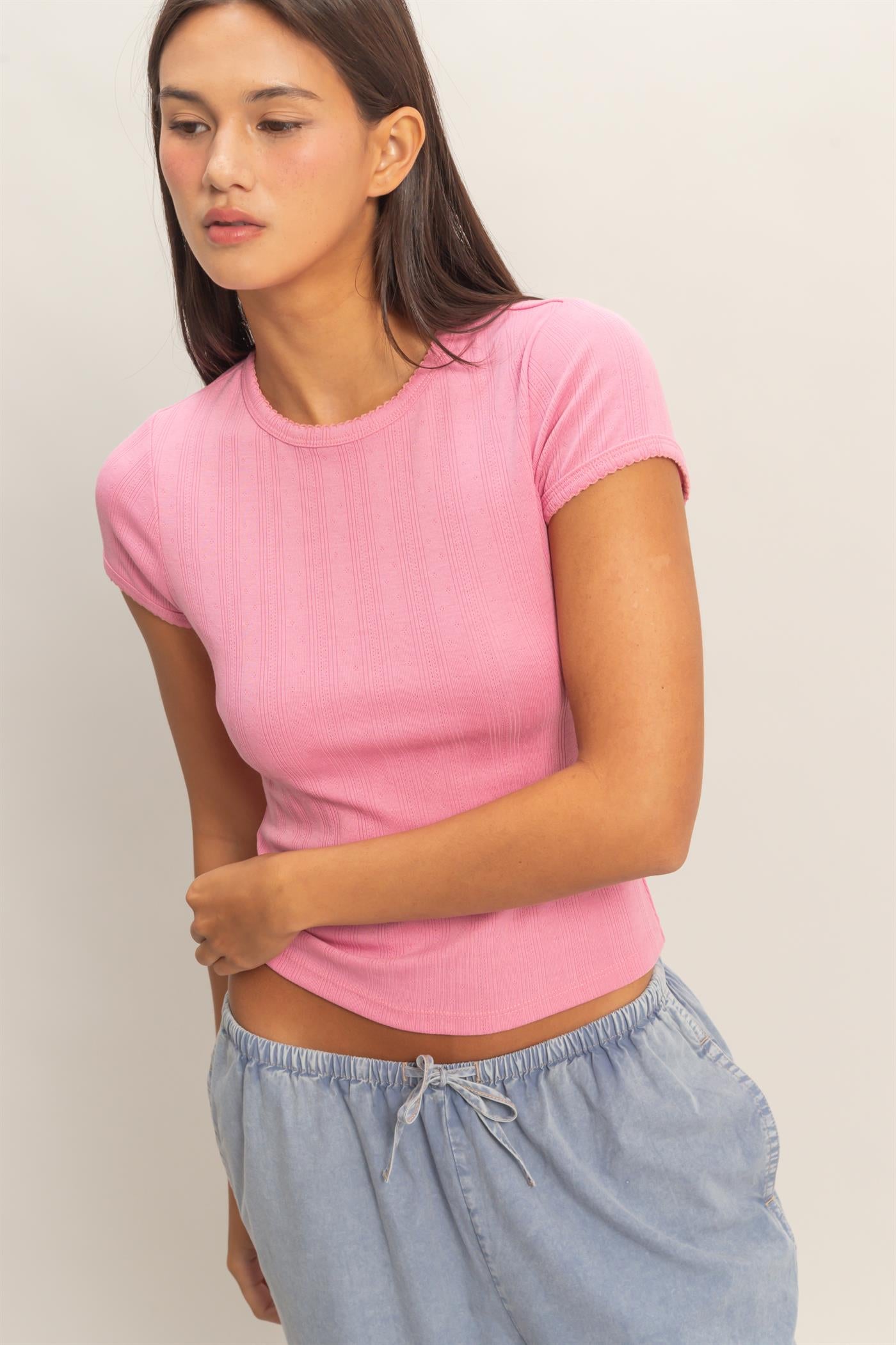 Wholesale Pointelle Short Sleeve Top Clothing Tops DZ26C285 PINK DOUBLE ZERO