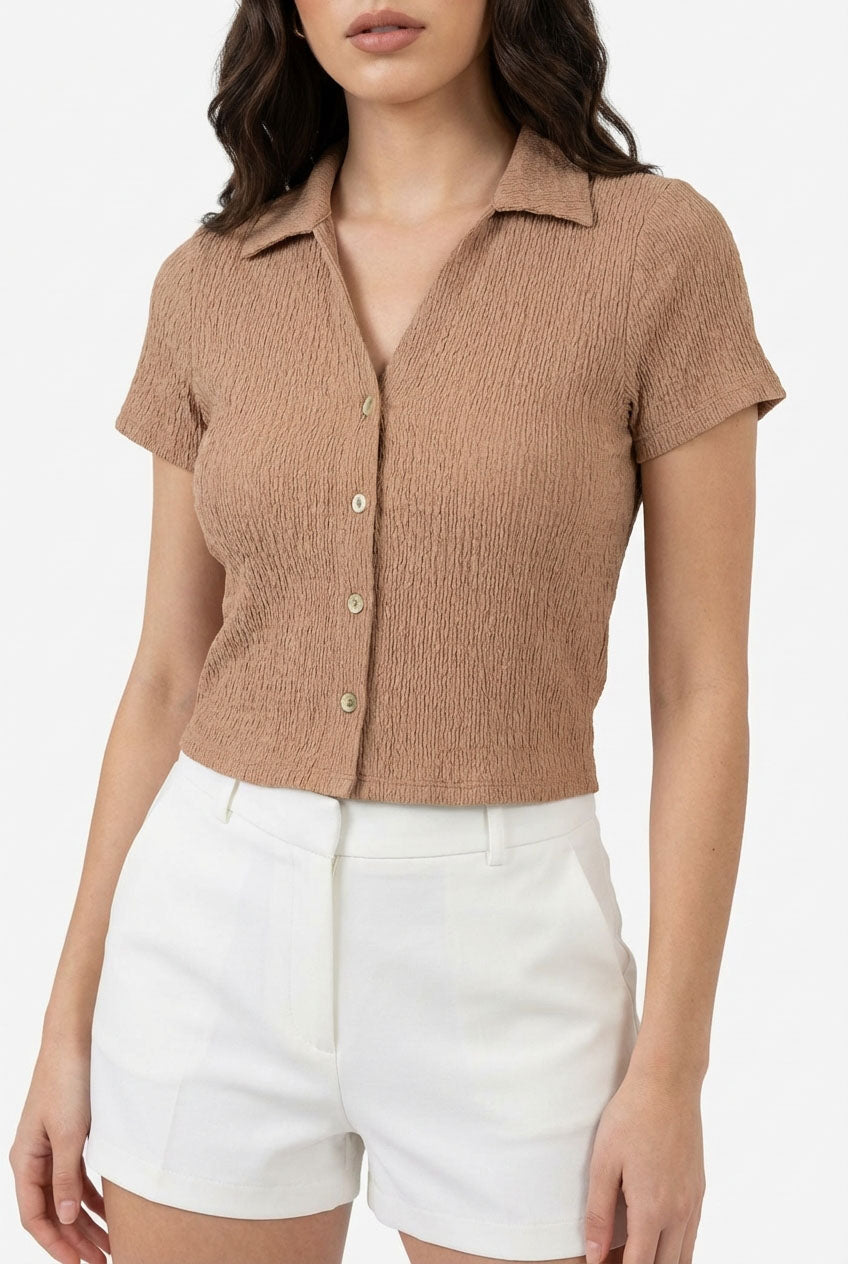 Wholesale Crinkle Knit Button Front Top Clothing Tops DZ24A757 TAN DOUBLE ZERO