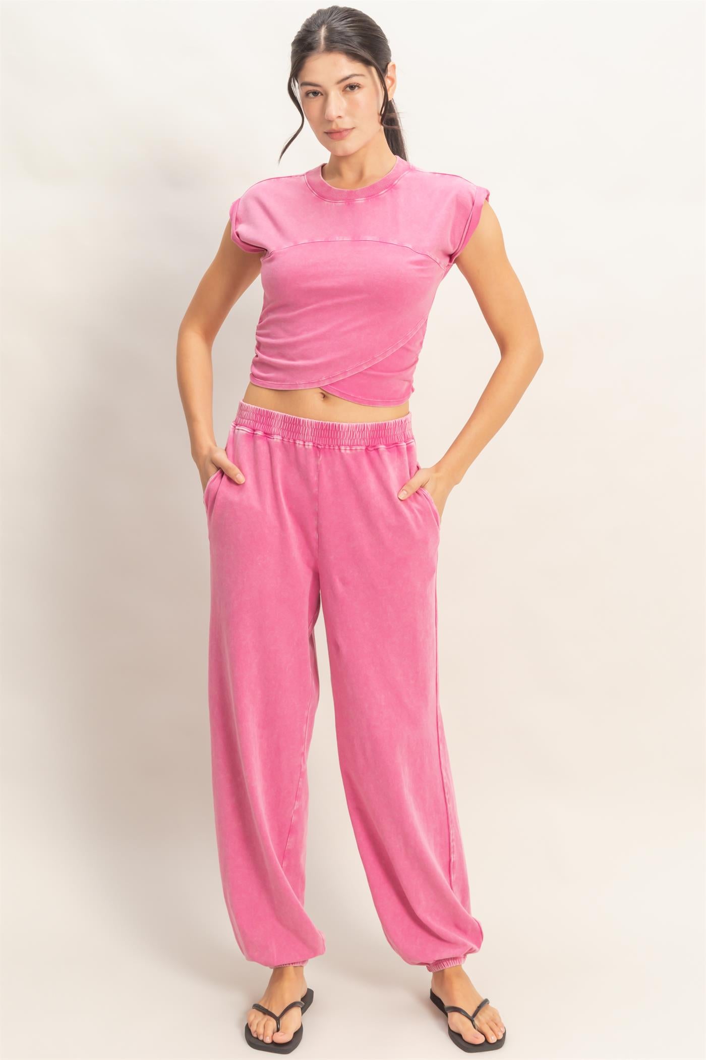 Wholesale Rolled Sleeve Wrap-Front Crop Top And Jogger Set Clothing DZ26A172-SET FUCHSIA DOUBLE ZERO