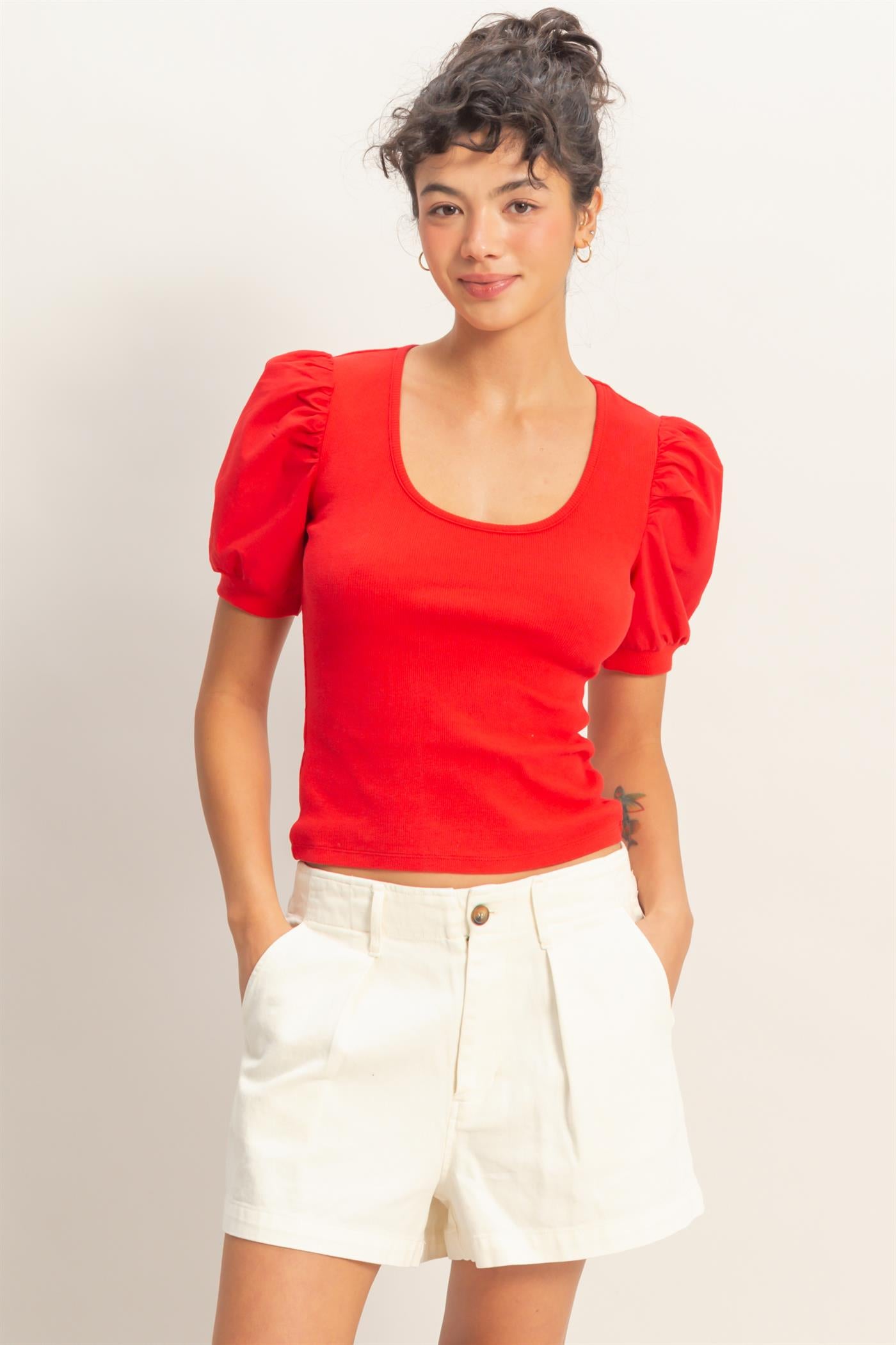 Wholesale Ribbed Puff Sleeve Scoop Neck Top Clothing Tops DZ26C071 RED DOUBLE ZERO