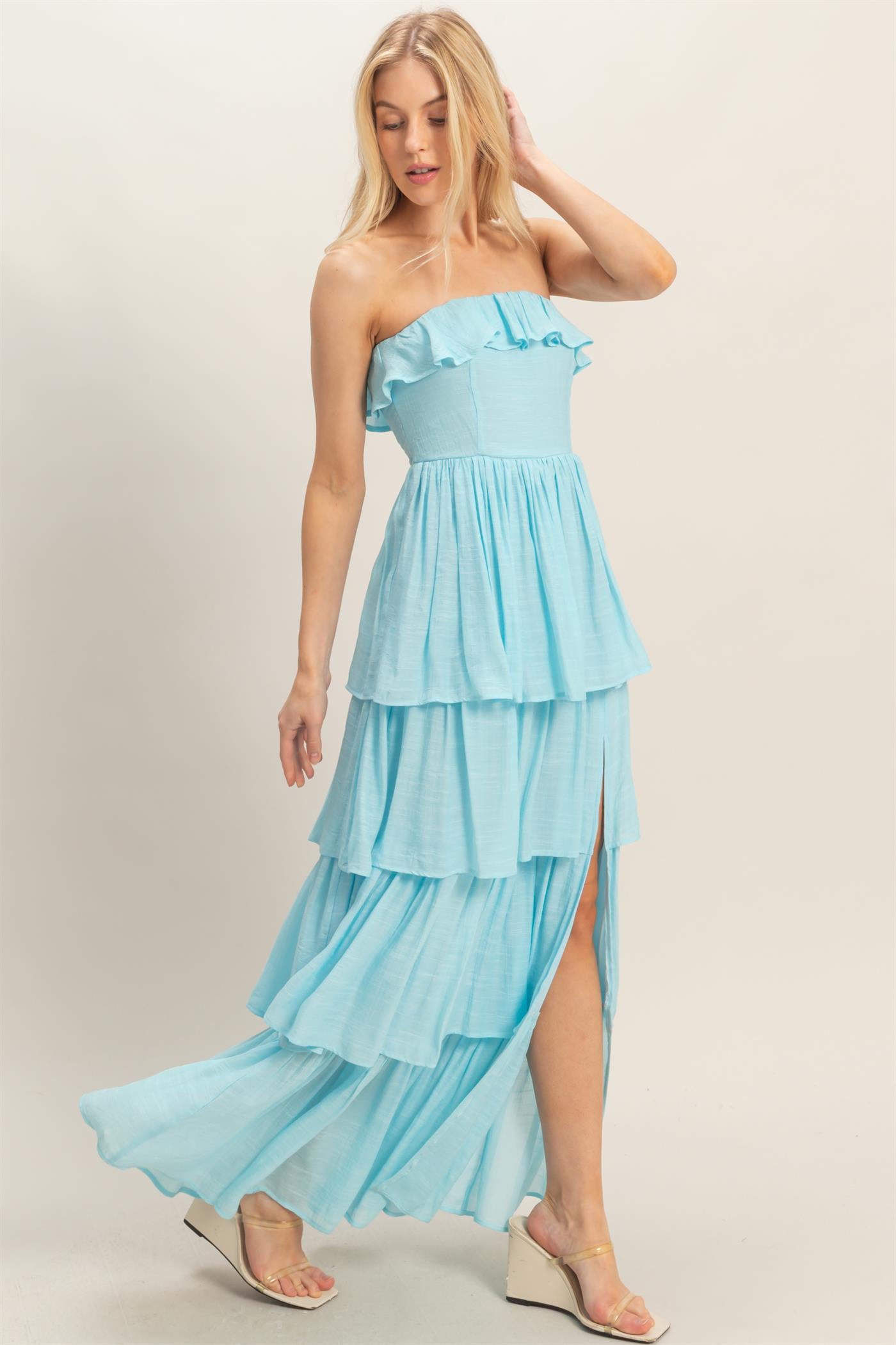 Wholesale Tiered Strapless Ruffle Dress Dresses HF26A616-D LIGHT BLUE HYFVE