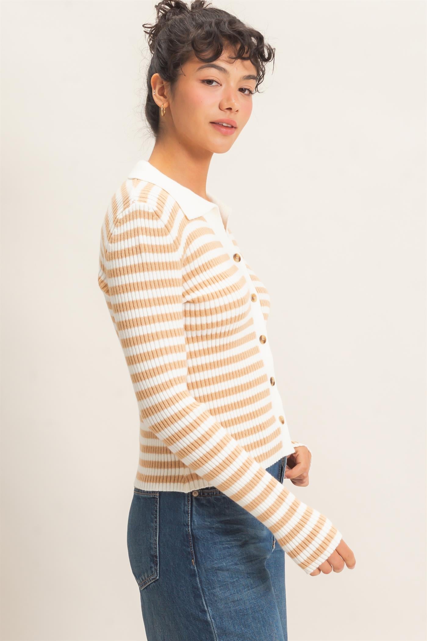 Wholesale Ribbed Striped Polo Knit Top Clothing Tops DZ26E099 TAUPE DOUBLE ZERO