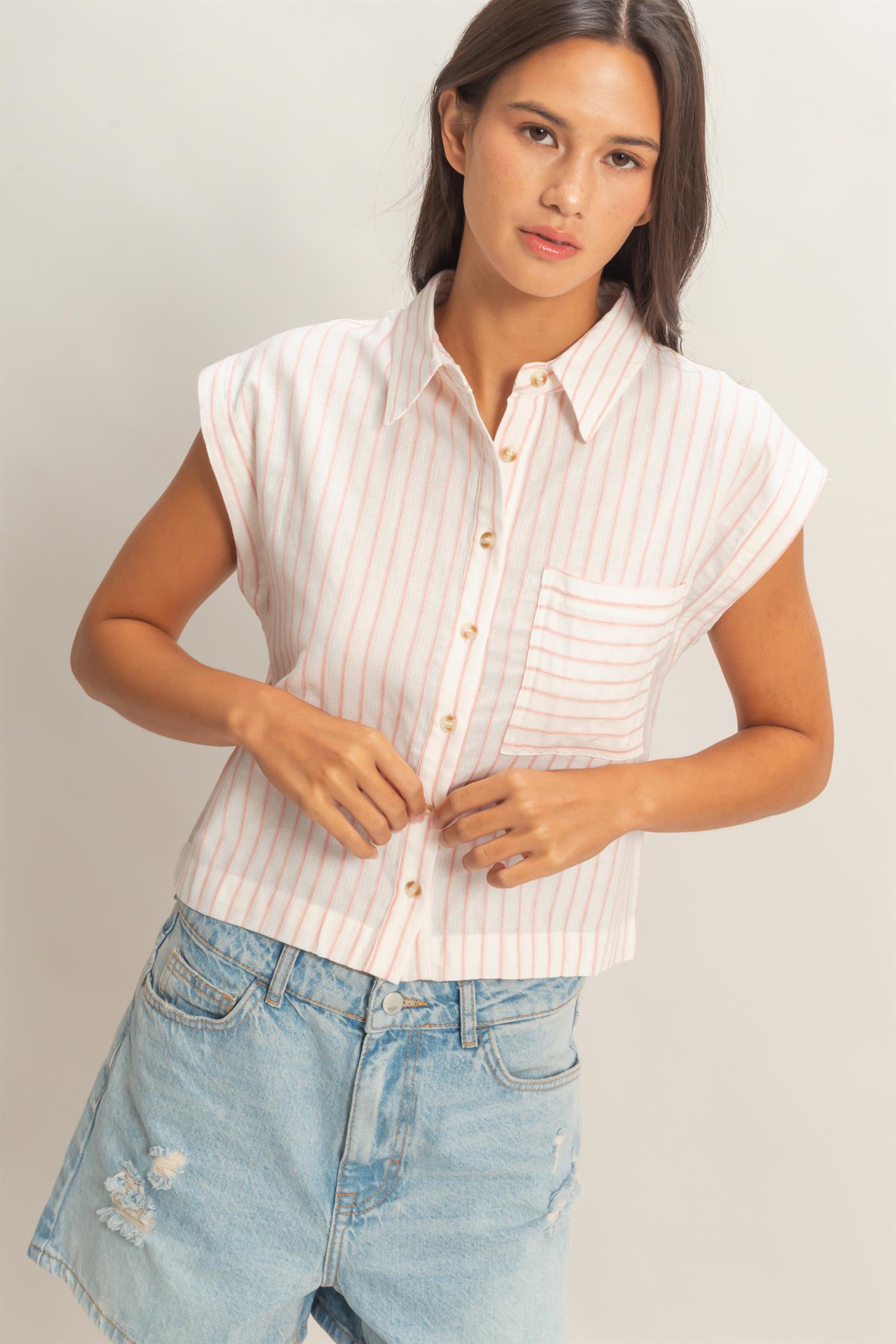Wholesale Striped Sleeveless Button-Up Shirt Clothing Tops DZ26A206 PINK DOUBLE ZERO