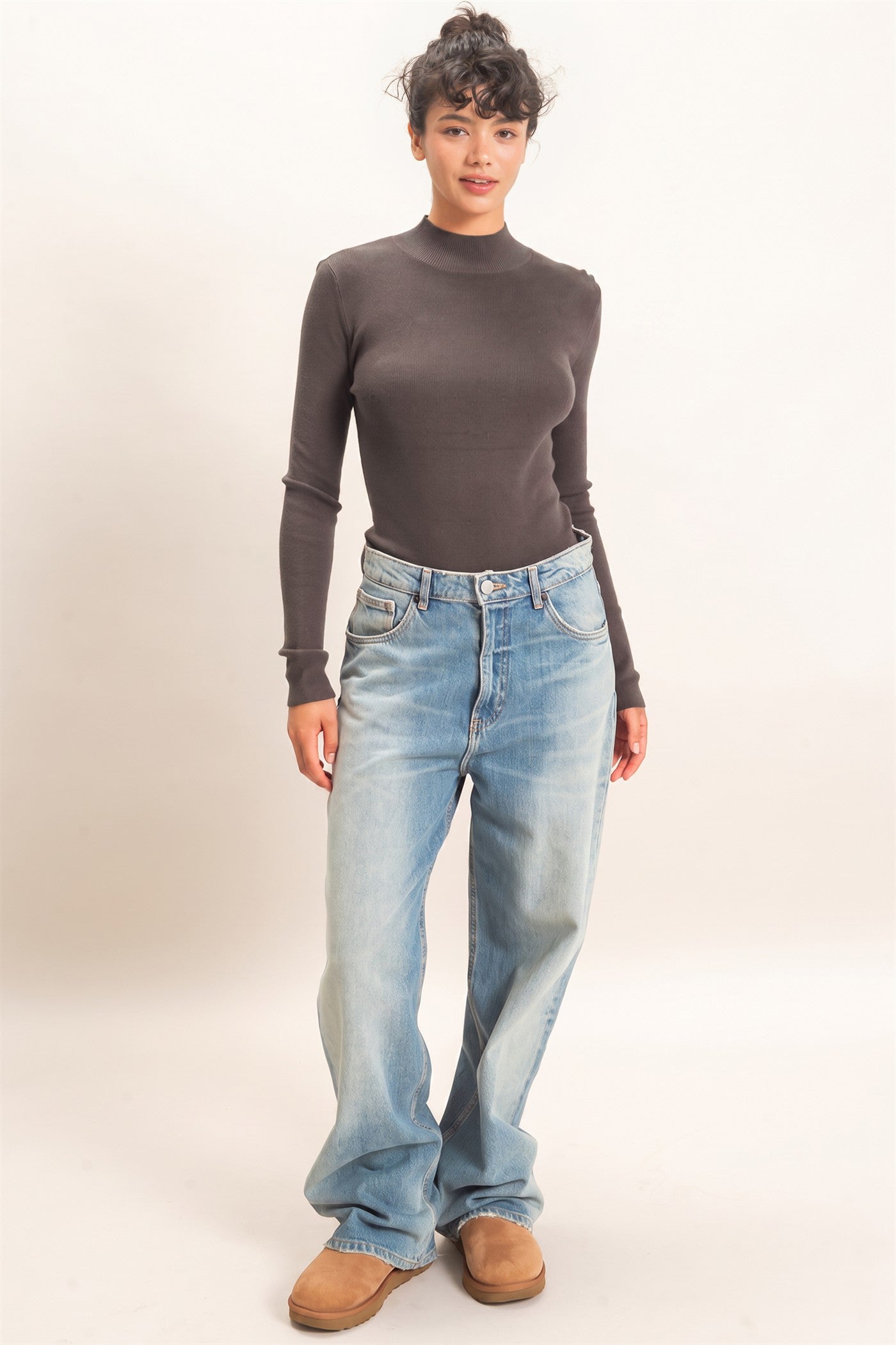 Wholesale Ribbed Mock Neck Long Sleeve Knit Top Clothing Tops DZ26F201 CHARCOAL DOUBLE ZERO