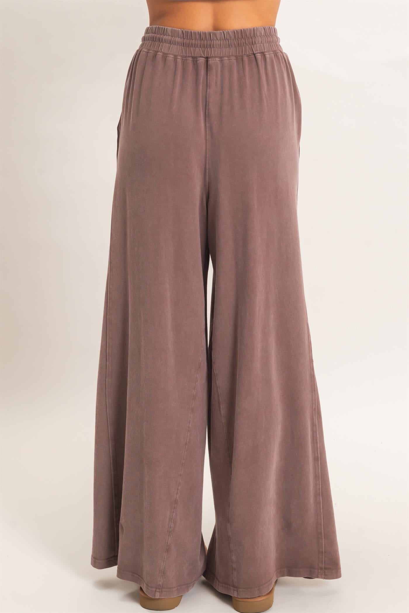 Wholesale Wide Leg Mineral Wash Pants Pants DZ26F406 DARK BROWN DOUBLE ZERO