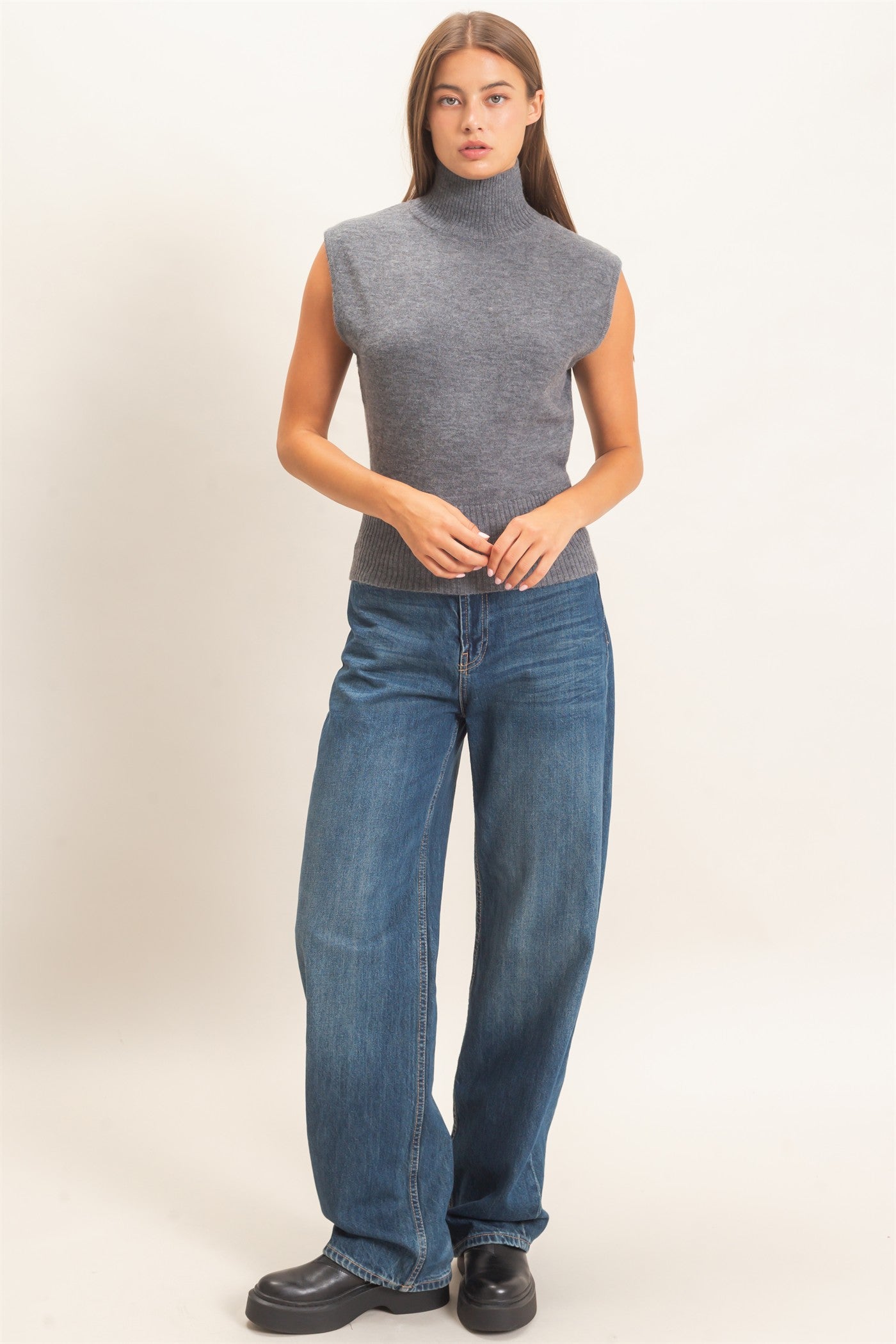 Wholesale Sleeveless High Neck Knit Top Clothing Tops DZ26E946 CHARCOAL DOUBLE ZERO