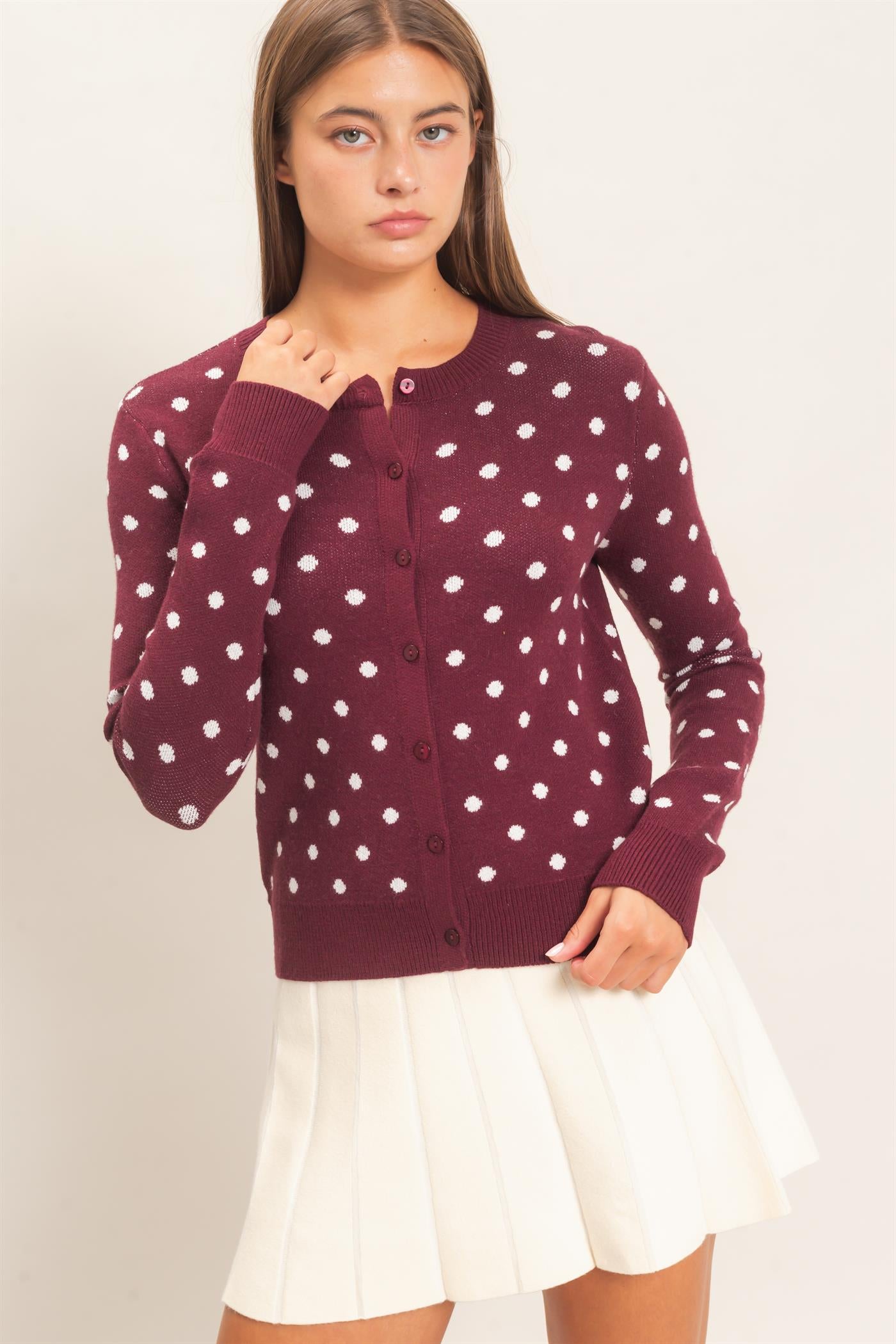 Wholesale Polka Dot Cardigan Sweaters DZ26E453 DARK CHERRY DOUBLE ZERO