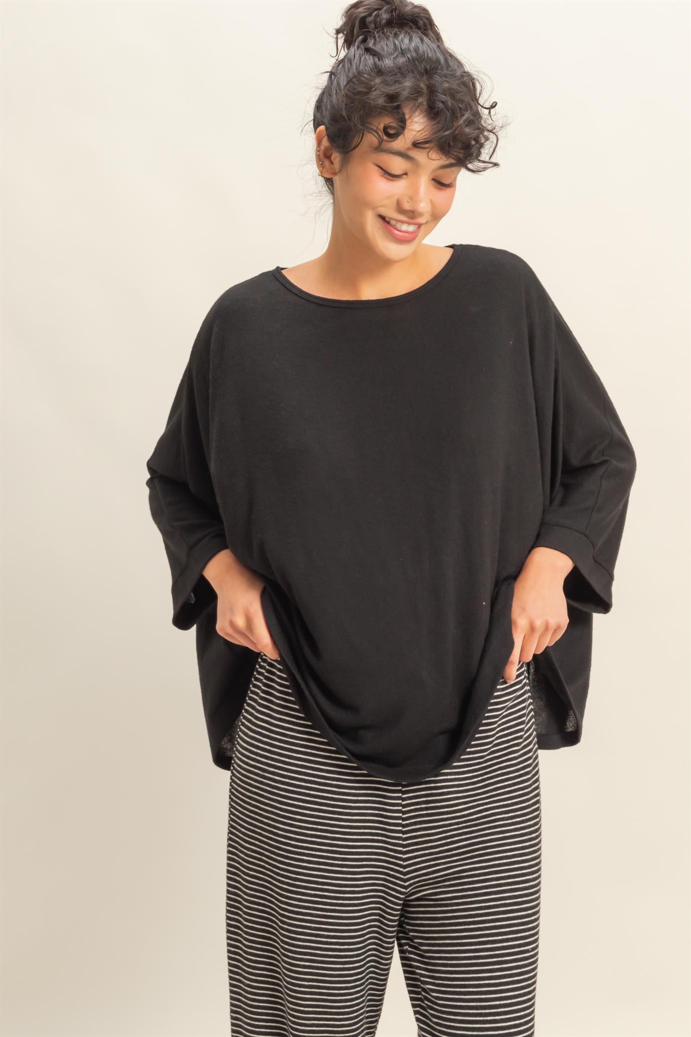 Wholesale Batwing 3/4 Sleeve Oversized Top Clothing Tops DZ25E133 BLACK DOUBLE ZERO