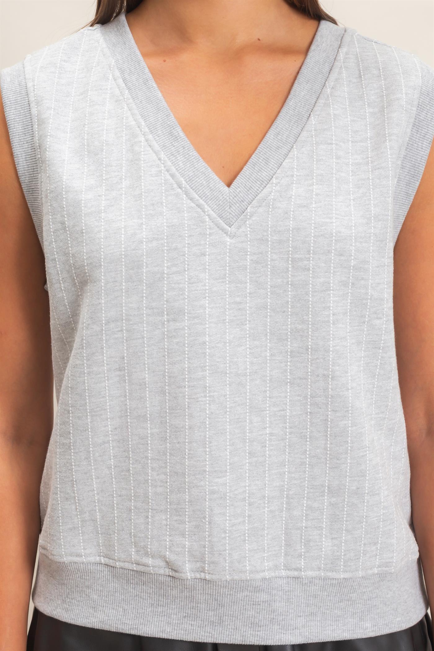 Wholesale V-Neck Pinstripe Sleeveless Top Clothing Tops DZ26E626 HEATHER GRAY DOUBLE ZERO