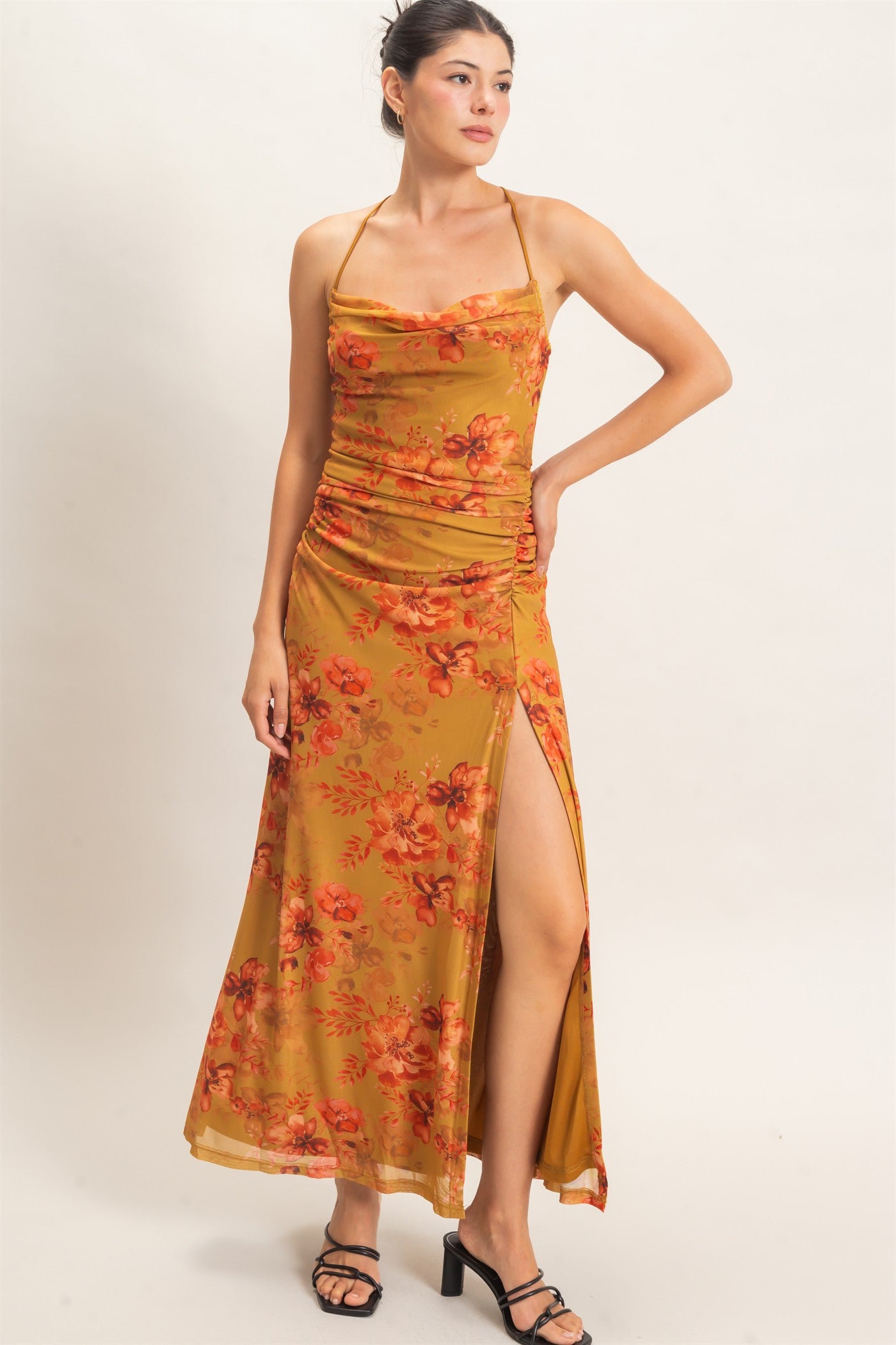 Wholesale Floral Print Spaghetti Strap Dress Dresses HF26E440 MUSTARD HYFVE