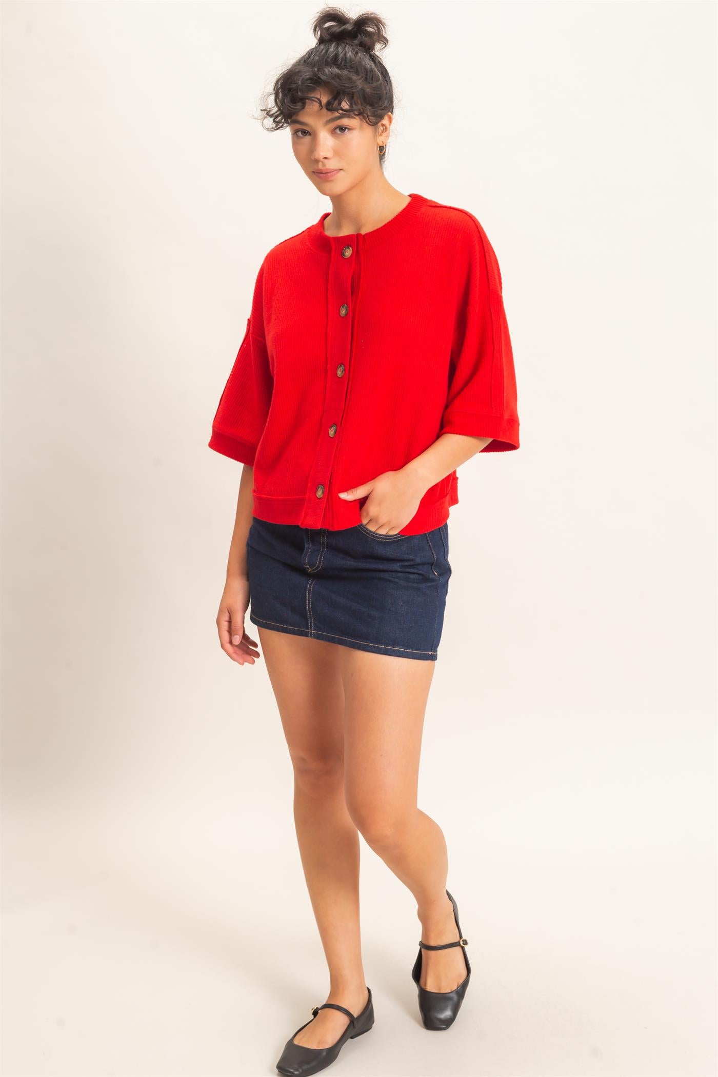 Wholesale Button-Down Short Sleeve Waffle Top Clothing Tops DZ26F244 RED DOUBLE ZERO