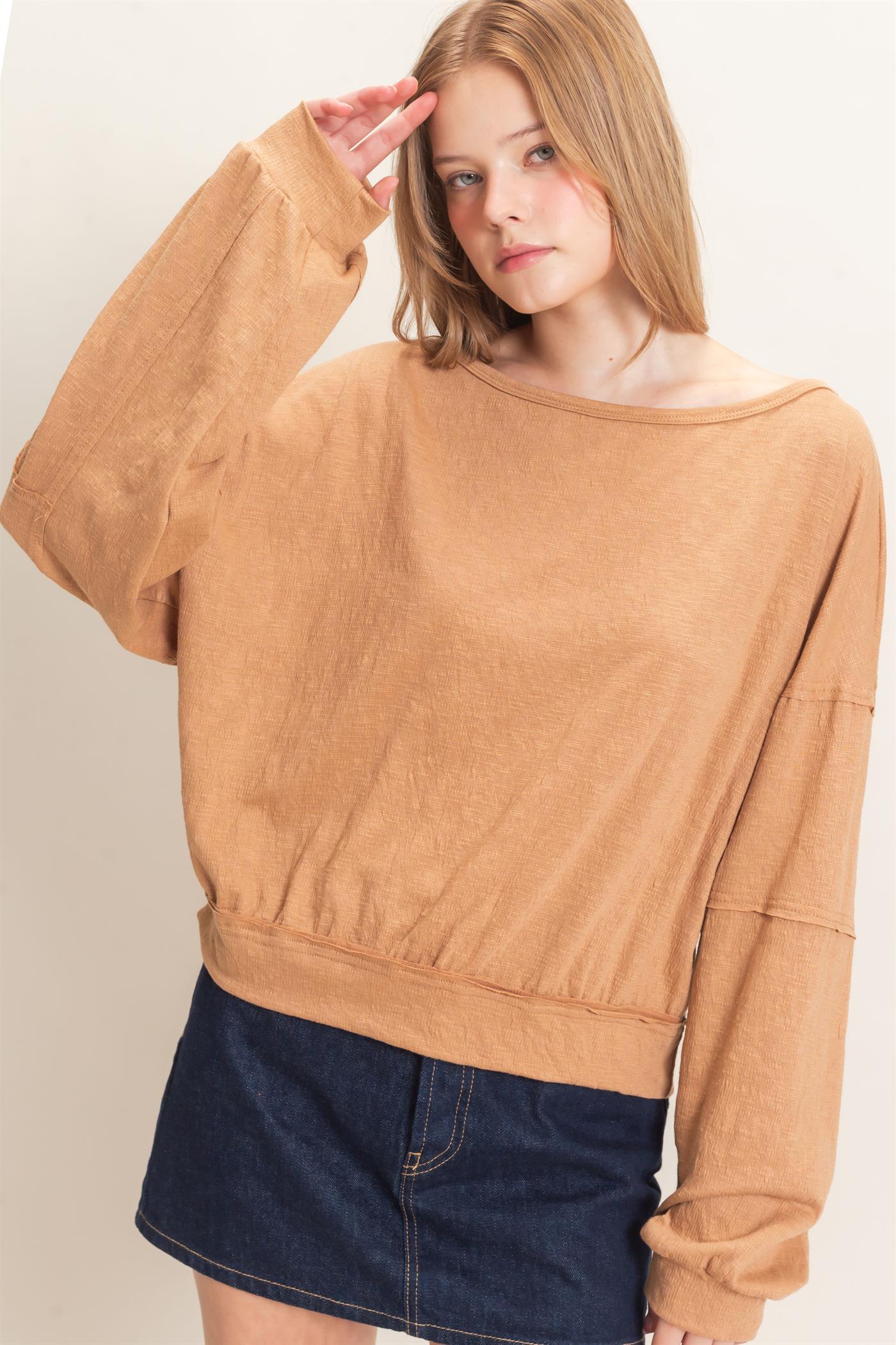 Wholesale Relaxed Boat Neck Long Sleeve Top Clothing Tops HF25F340 LIGHT BROWN HYFVE