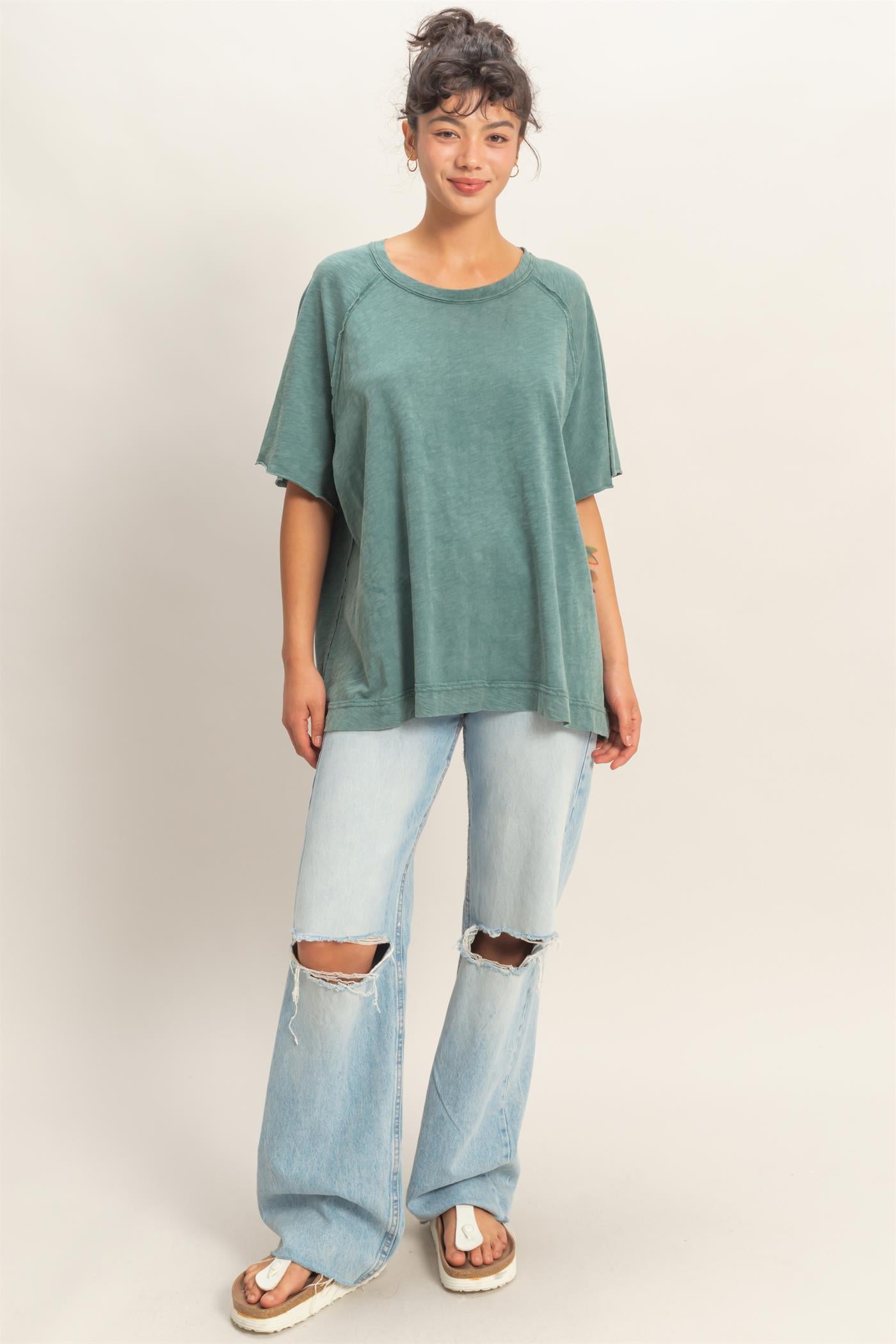 Wholesale Acid Washed Oversized Raw Edges Raglan Tee T-Shirts DZ26A333 DARK TEAL DOUBLE ZERO