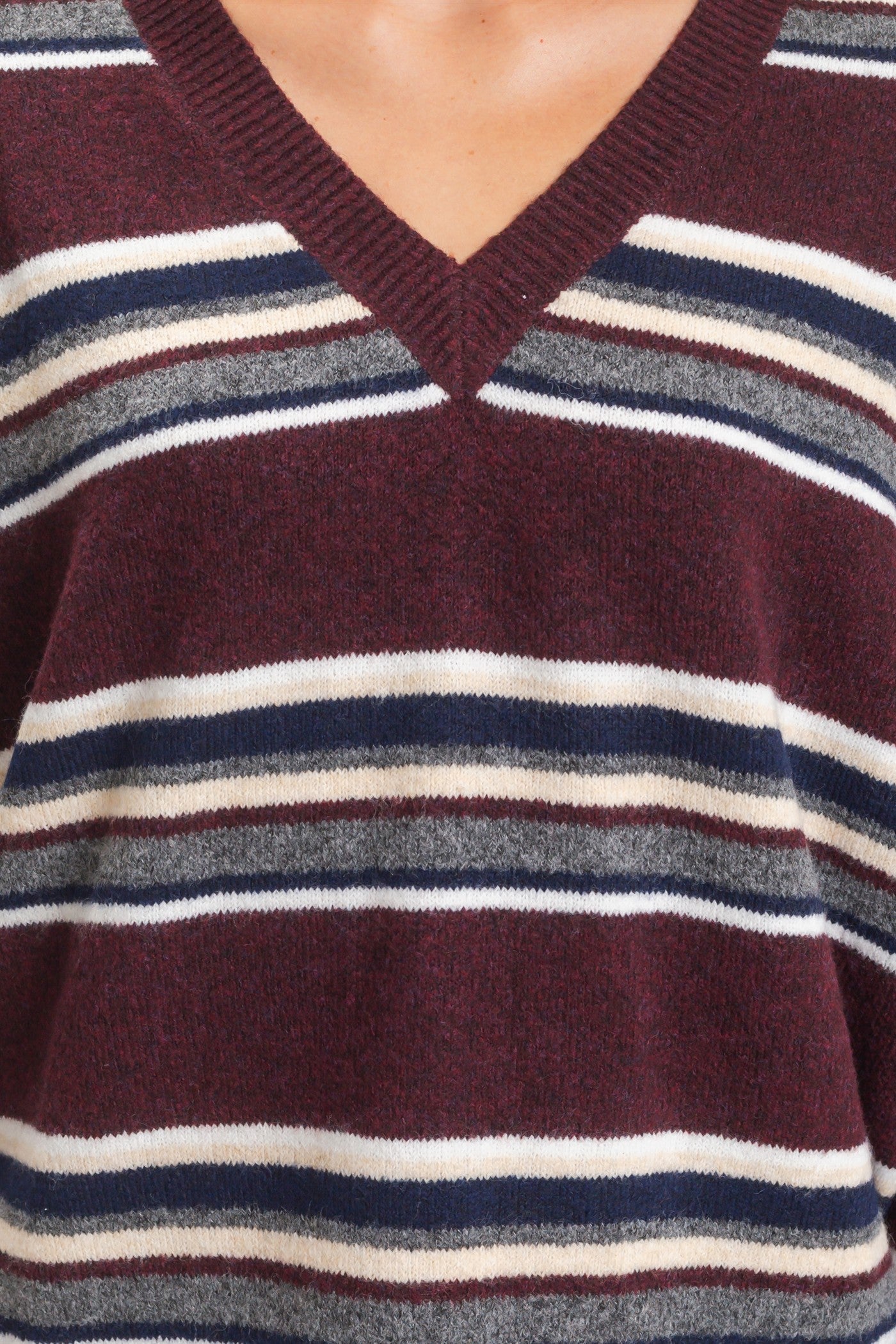 Wholesale V-Neck Striped Sweater Sweaters HF26E476 WINE HYFVE