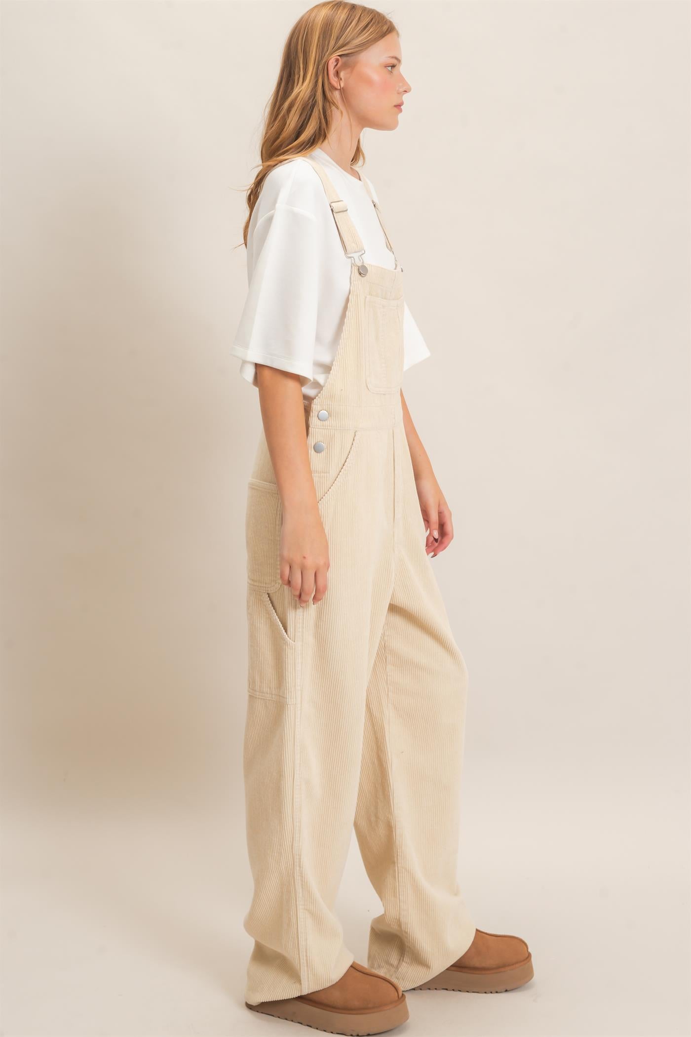 Wholesale Mineral Wash Corduroy Overalls Clothing HF26F210-D BEIGE HYFVE