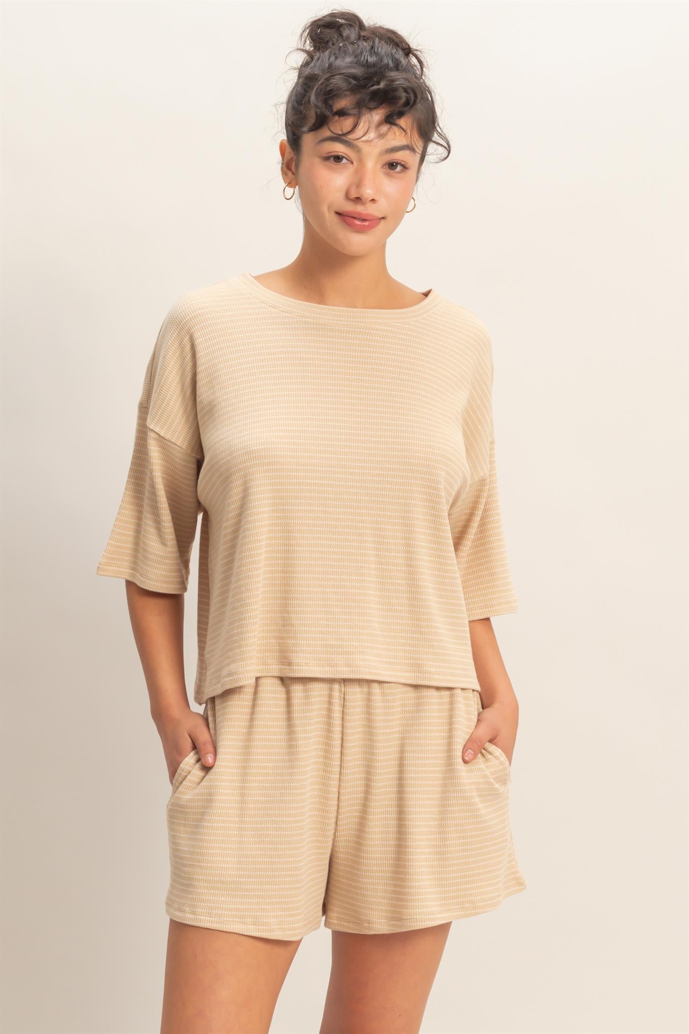Wholesale Striped Round Neck Top & Shorts Set Clothing DZ26A045-SET TAUPE DOUBLE ZERO