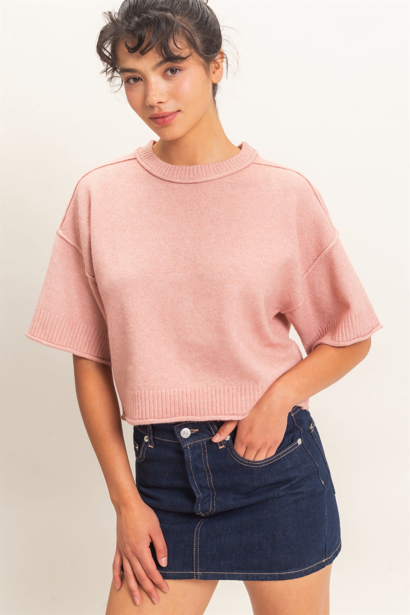 Wholesale Seam Detail Short Sleeve Knit Top Clothing Tops DZ26A827 DUSTY PINK DOUBLE ZERO
