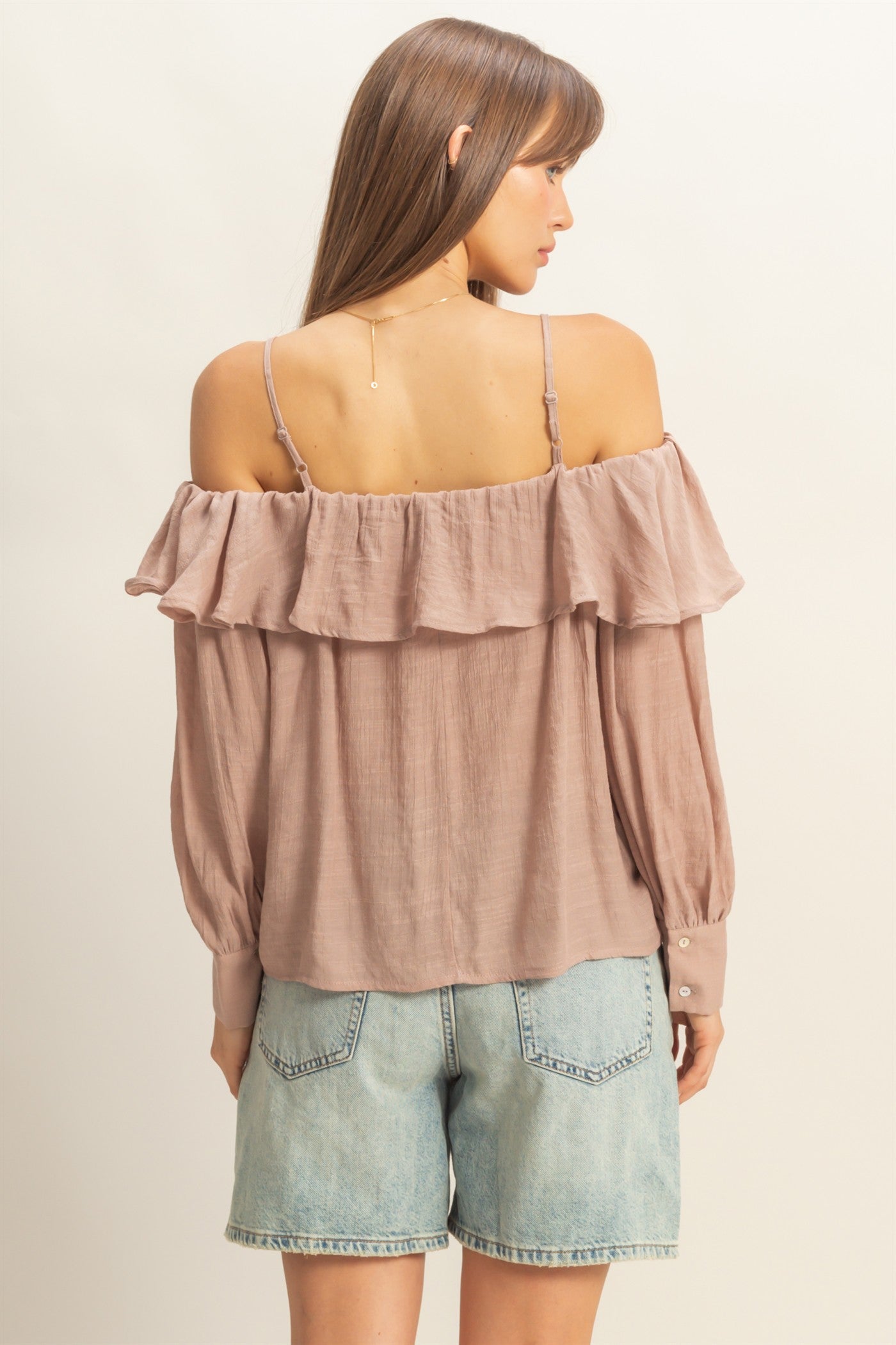 Wholesale Cold-Shoulder Ruffled Blouse Clothing Tops HF23C787 TAUPE HYFVE