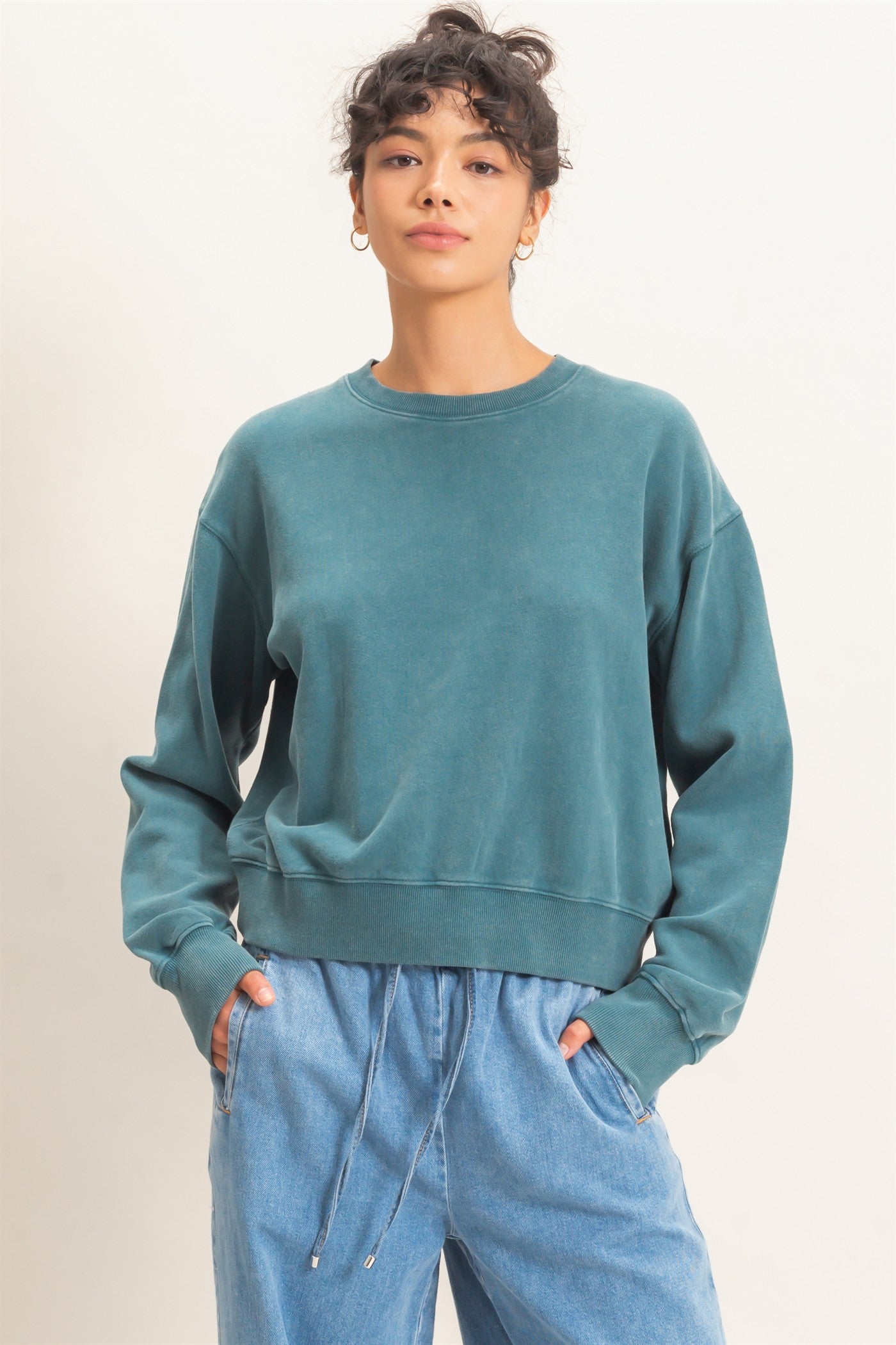 Wholesale Acid Wash Crew Neck Sweatshirt Sweatshirts DZ26E082 DARK TEAL DOUBLE ZERO