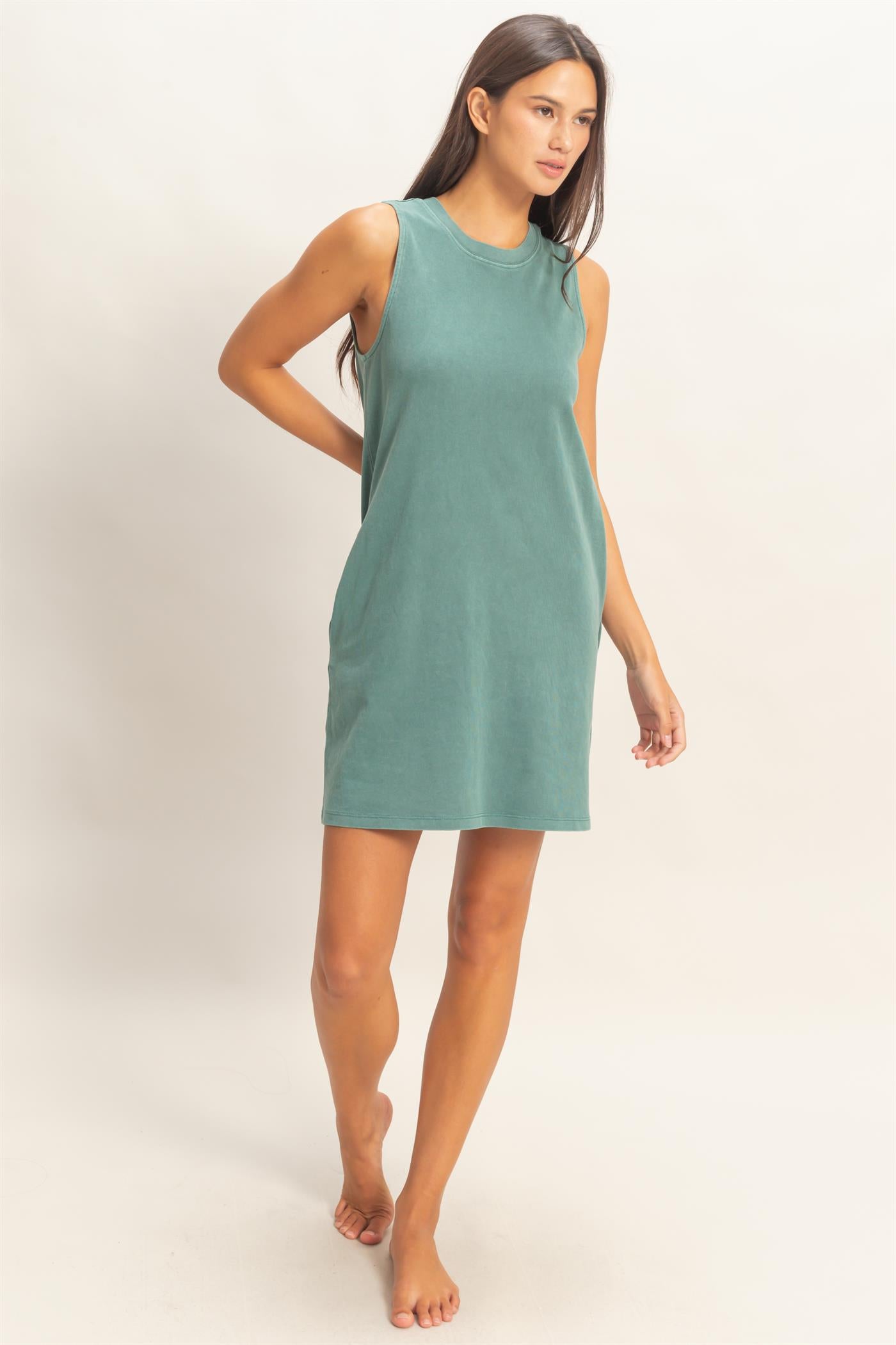 Wholesale Pigment Dyed Sleeveless Mini Dres Dresses DZ26A745 DARK TEAL DOUBLE ZERO