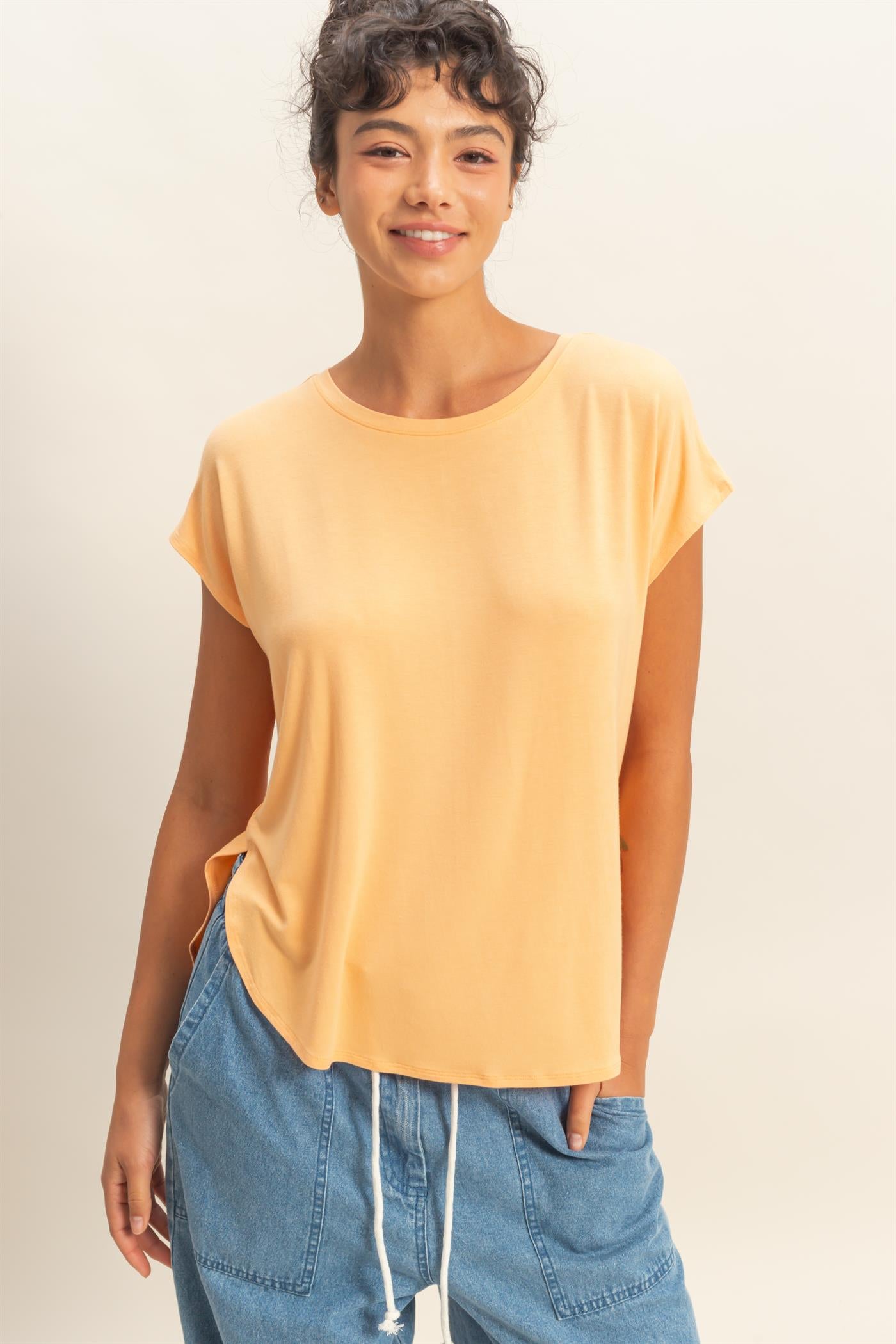 Wholesale Relaxed Dolman Short Sleeve  Round Neck Top Shirts DZ26A270 APRICOT DOUBLE ZERO