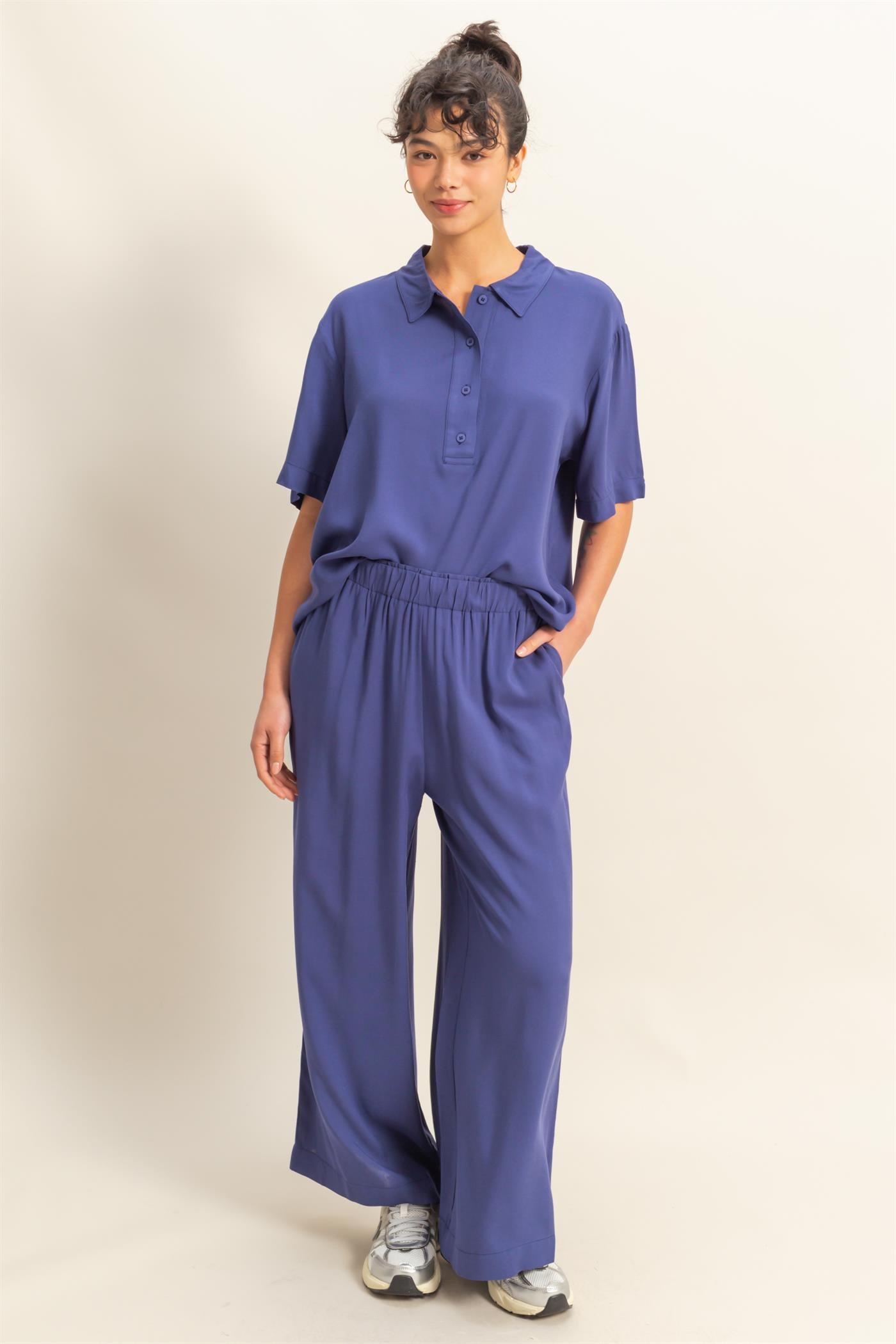 Wholesale Woven Half Button-Up Relaxed Top Clothing Tops DZ25C814 DUSTY INDIGO DOUBLE ZERO