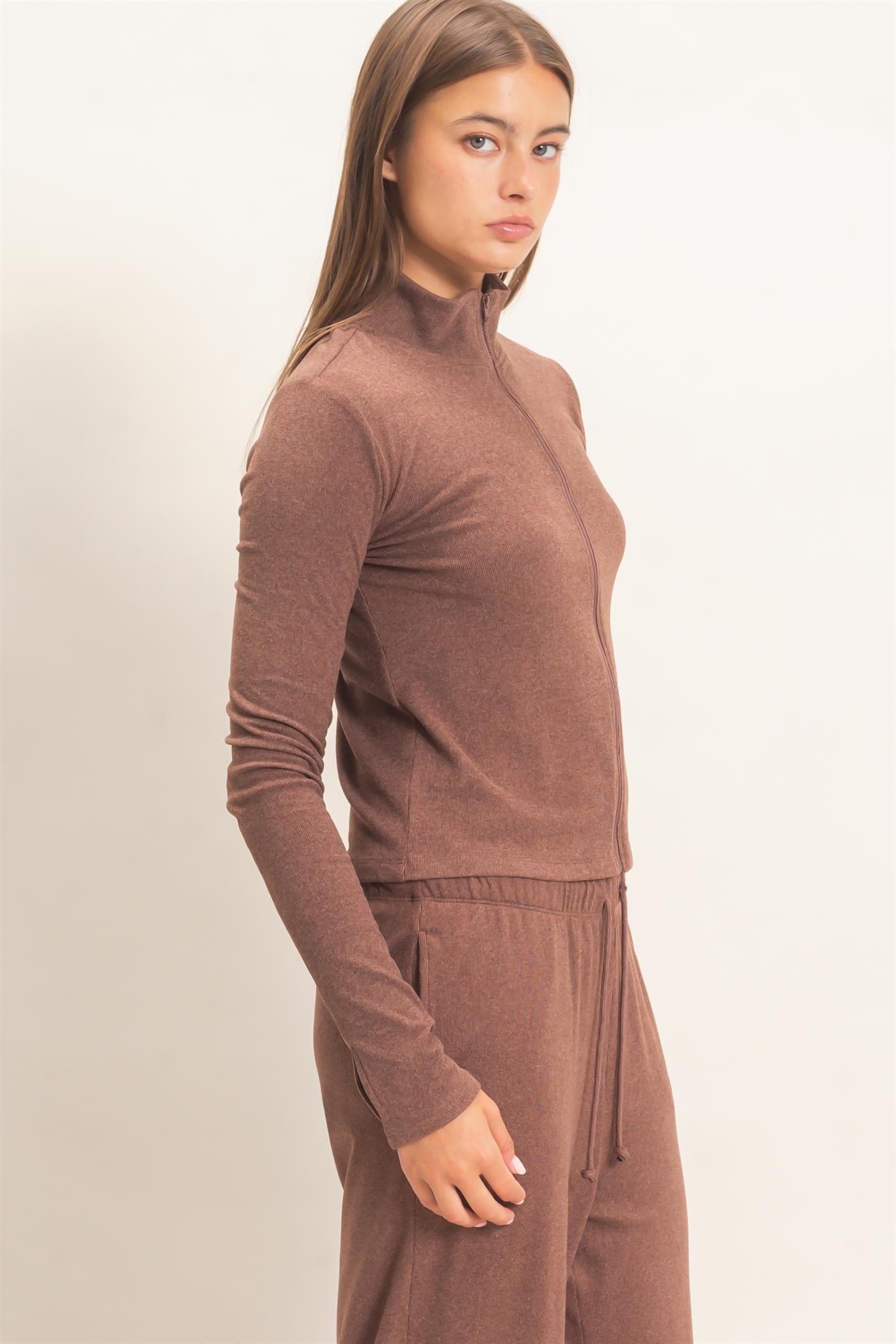 Wholesale Mock Neck Long Sleeve Zip Up Top Clothing Tops DZ26E911 DARK BROWN DOUBLE ZERO