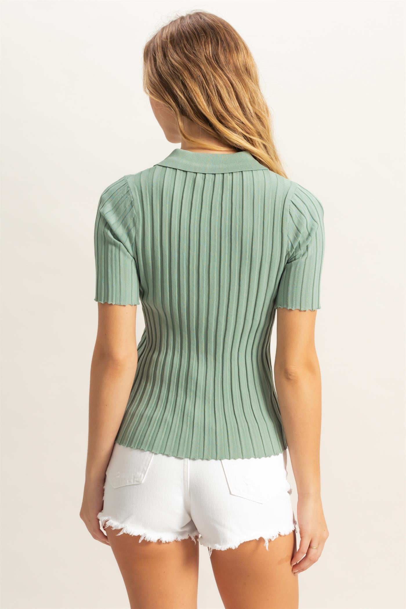 Wholesale Rib Knitted Short Sleeve Polo Top Clothing Tops DZ25C246 SAGE GREEN DOUBLE ZERO