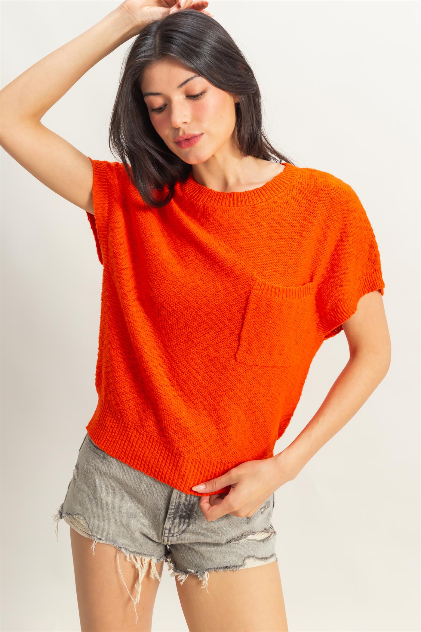 Wholesale Front Pocket Lightweight Sweater Top Clothing Tops DZ25A876 TOMATO DOUBLE ZERO