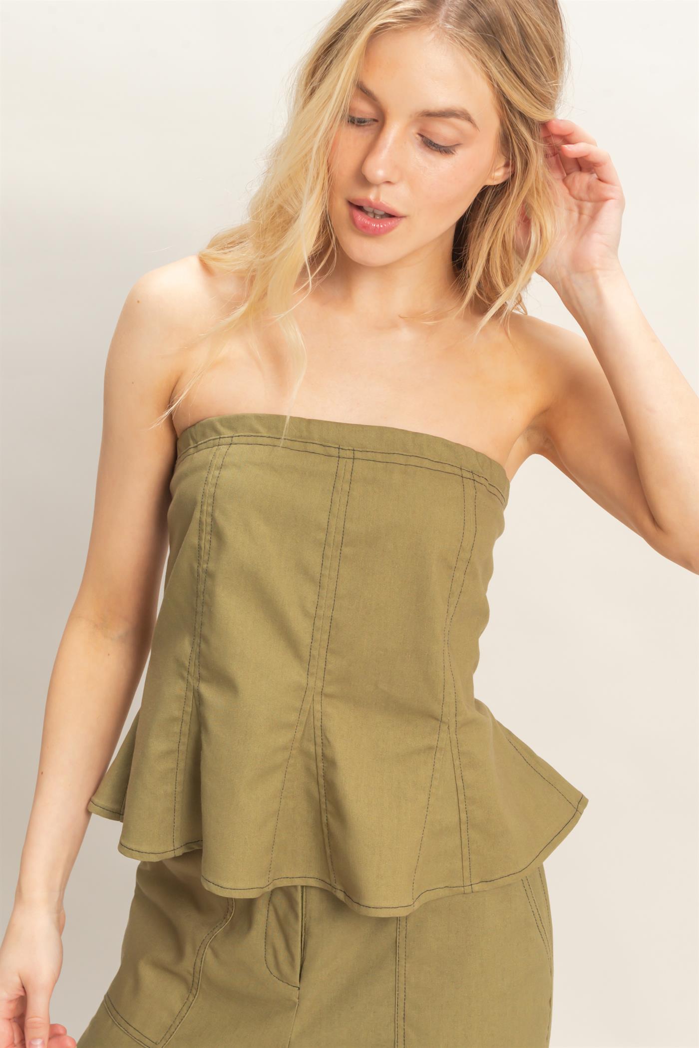 Wholesale Peplum Tube Top Clothing Tops HF26C401 OLIVE HYFVE