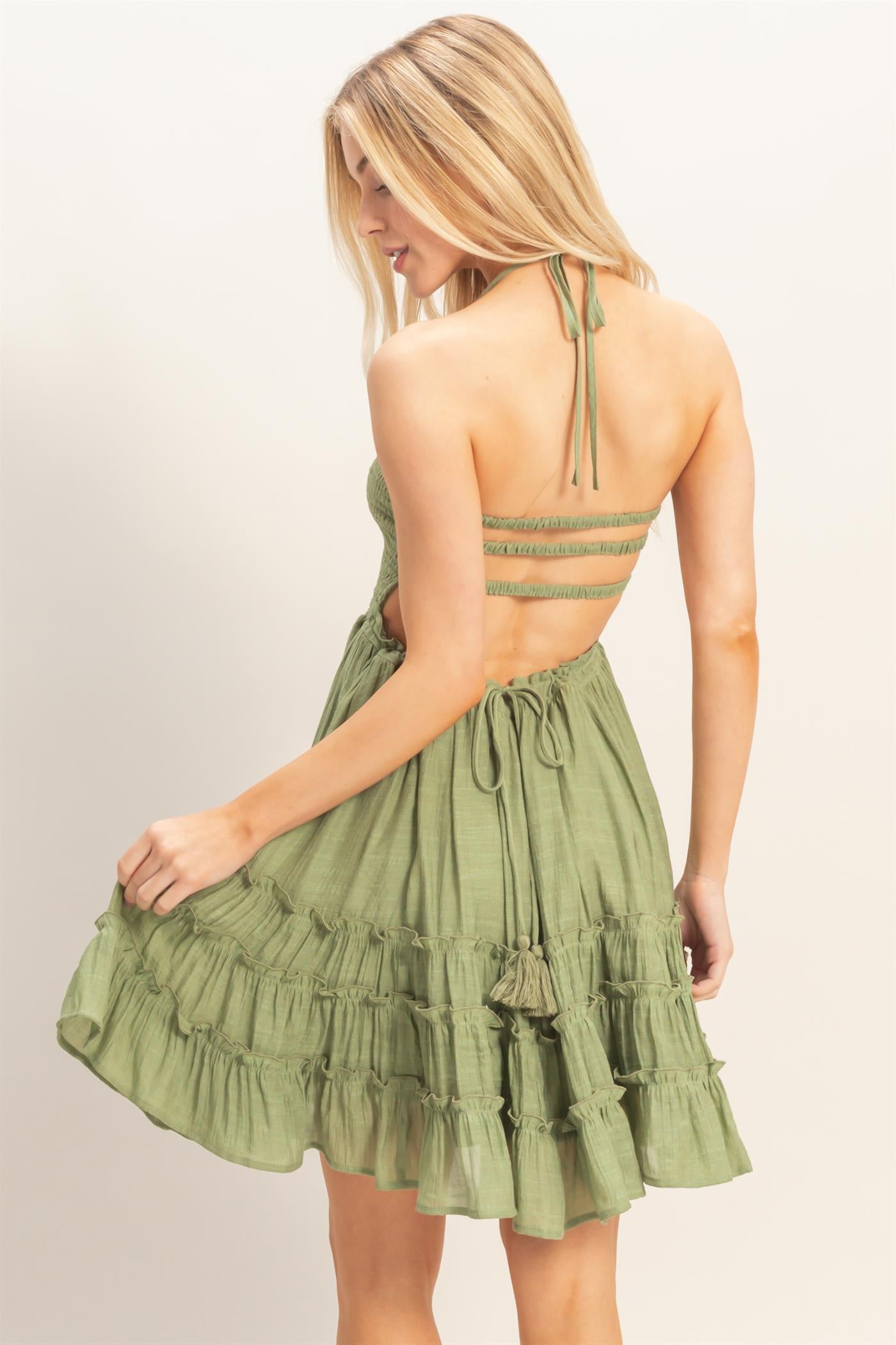 Wholesale Smocked Tiered Midi Dress Dresses HF26C299-D LIGHT OLIVE HYFVE