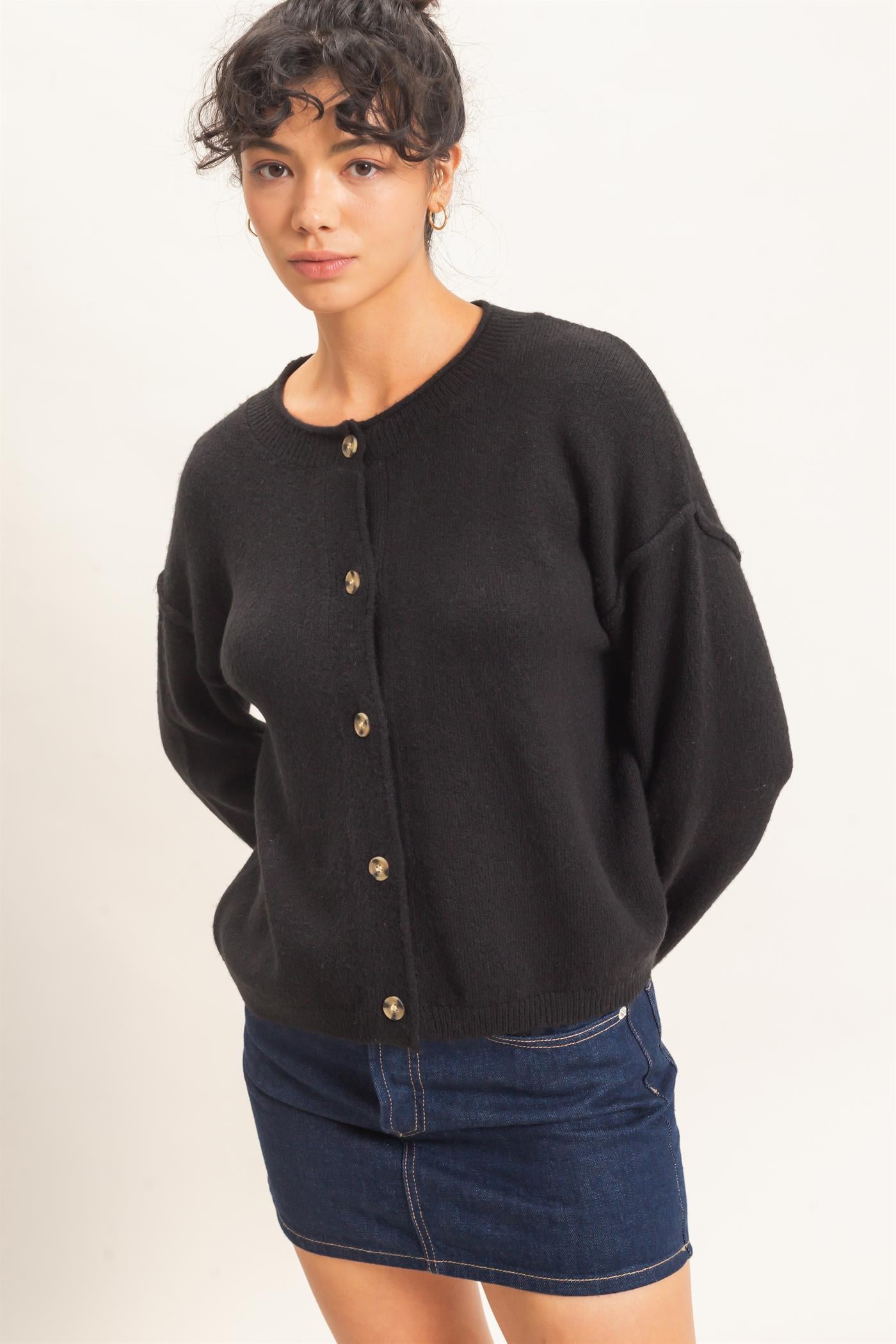 Wholesale Crew Neck Loose Fit Cardigan Cardigans DZ26E269 BLACK DOUBLE ZERO