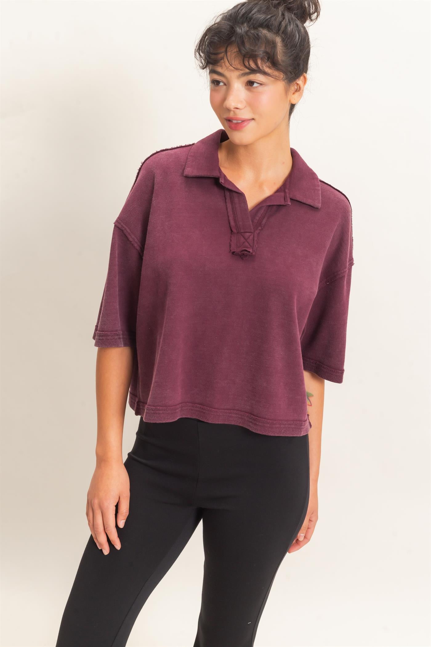 Wholesale Mineral Wash Oversized Collar Short Sleeve Top Clothing Tops DZ26E813 DARK CHERRY DOUBLE ZERO