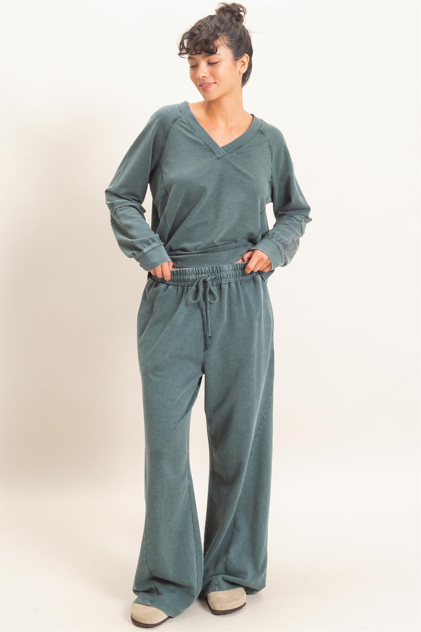 Wholesale Mineral Washed Wide Leg Pants Pants DZ26F082 DARK GREEN DOUBLE ZERO