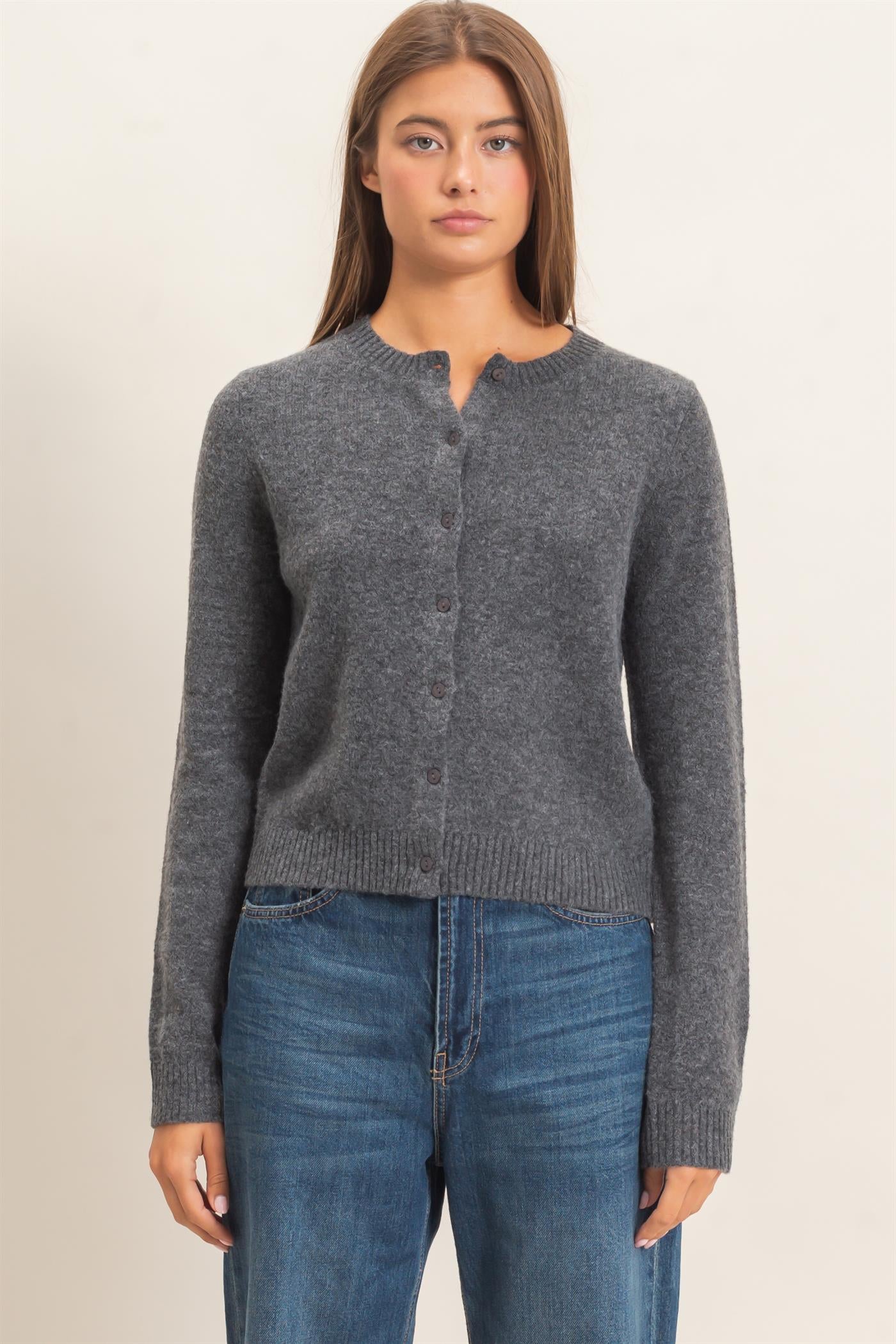 Wholesale Crew Neck Cardigan Cardigans DZ26E119 CHARCOAL DOUBLE ZERO