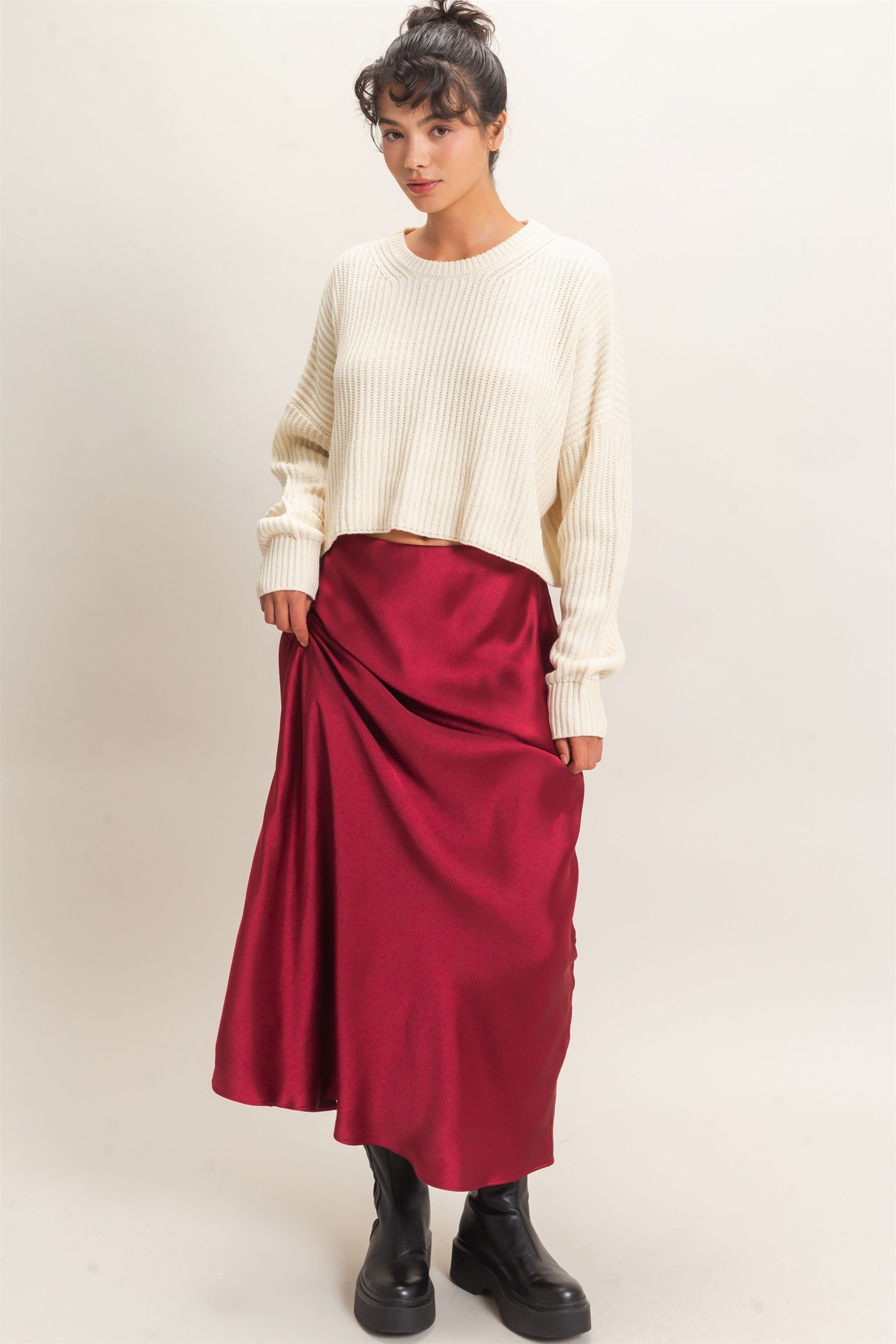 Wholesale Satin Maxi Skirt Skirts DZ26C970 BURGUNDY DOUBLE ZERO