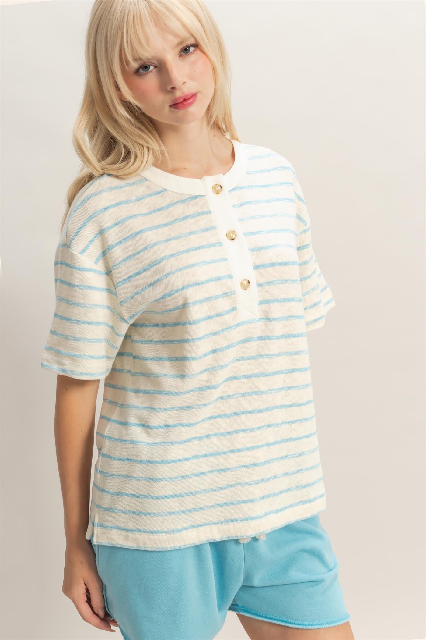 Wholesale Striped Short Sleeve Henley Top Clothing Tops DZ26A653 BLUE DOUBLE ZERO