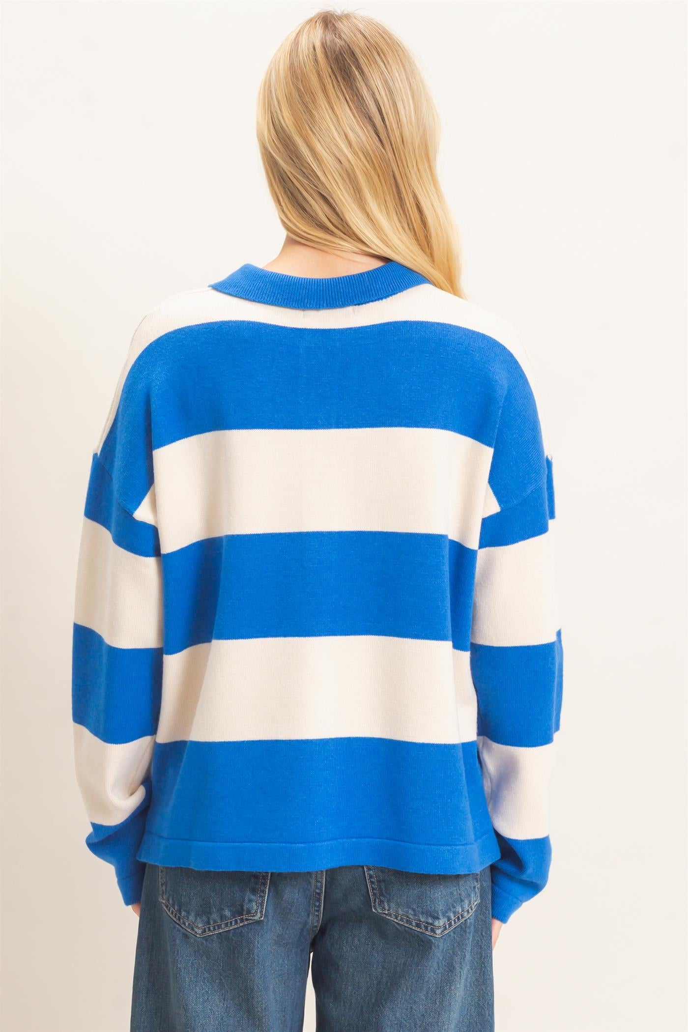 Wholesale Striped Button-Up Sweater Sweaters HF26F198 BLUE HYFVE