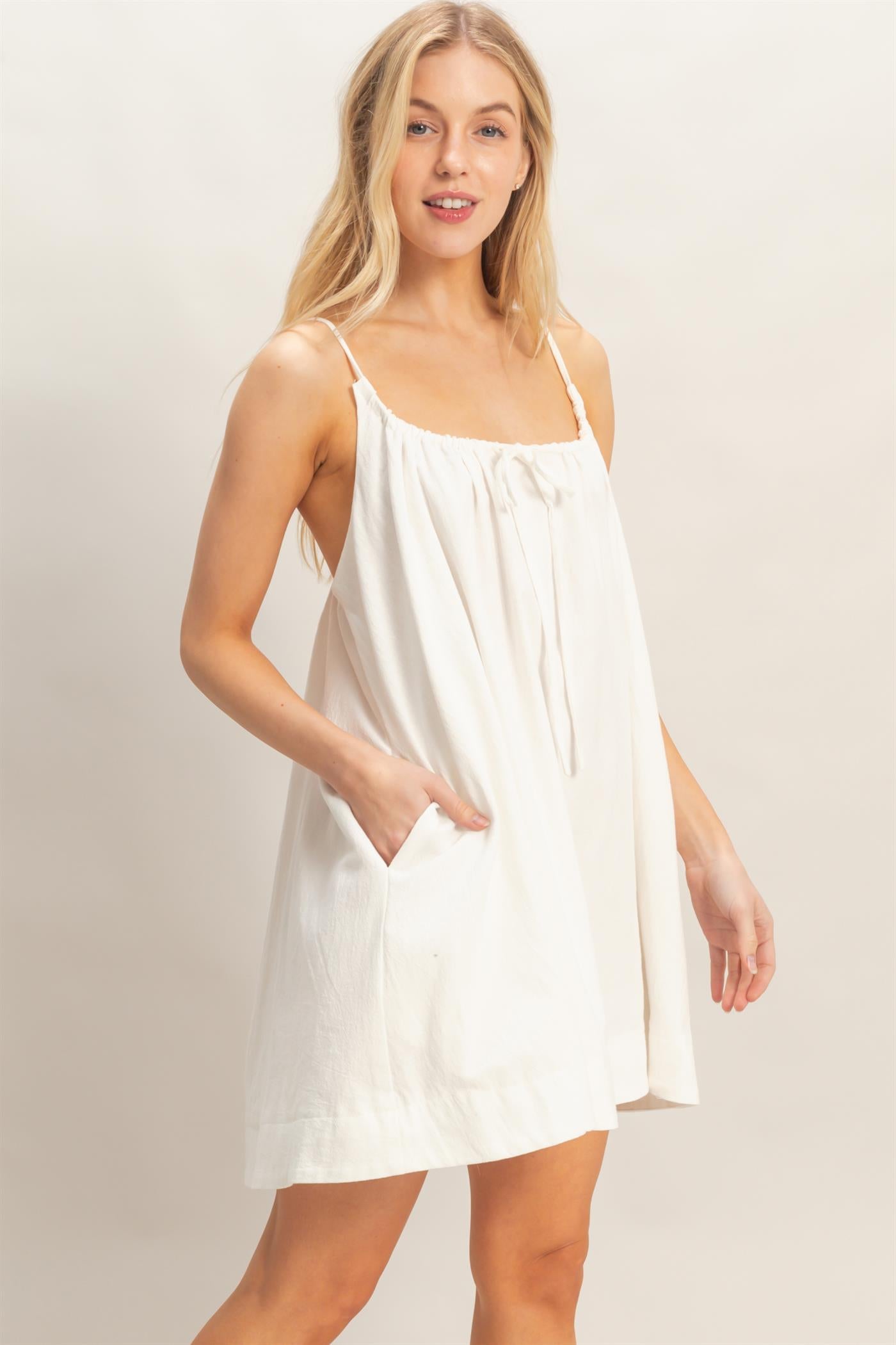 Wholesale Gathered Tie Strap Dress Dresses HF26A237 OFF WHITE HYFVE