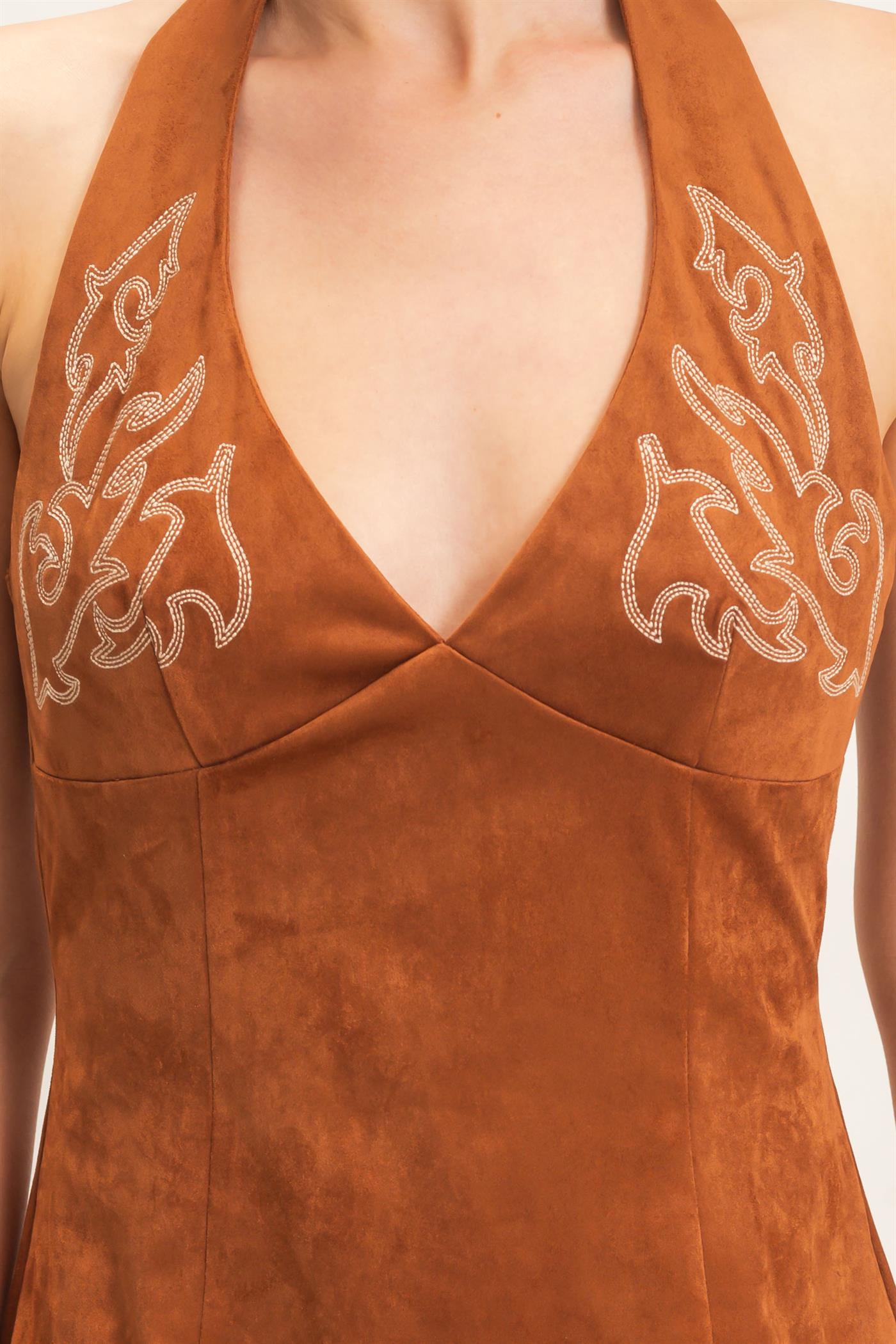 Wholesale Suede V-Neck Halter Dress Dresses HF26E500 BROWN HYFVE