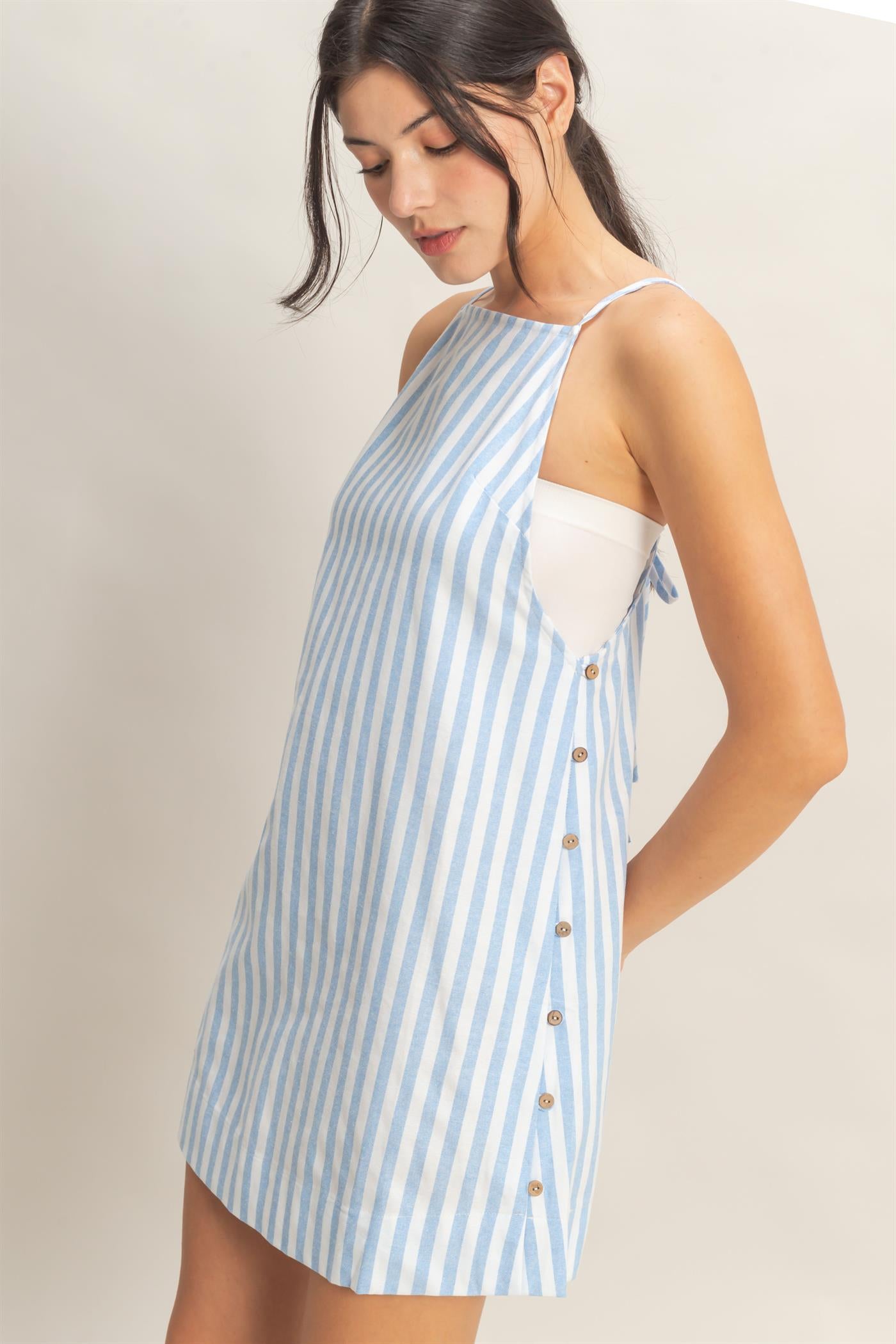 Wholesale Striped Straight Neck Mini Dress Dresses HF26C080 BLUE HYFVE