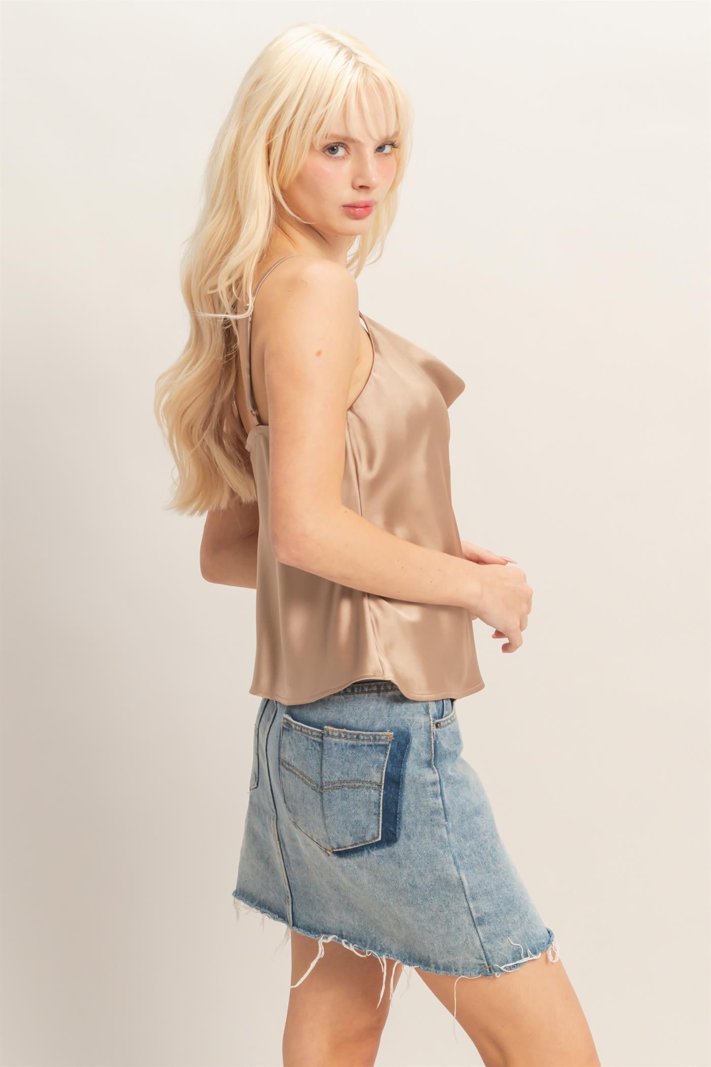 Wholesale Cowl Neck Satin Cami Top Clothing Tops DZ26A277 DARK TAUPE DOUBLE ZERO