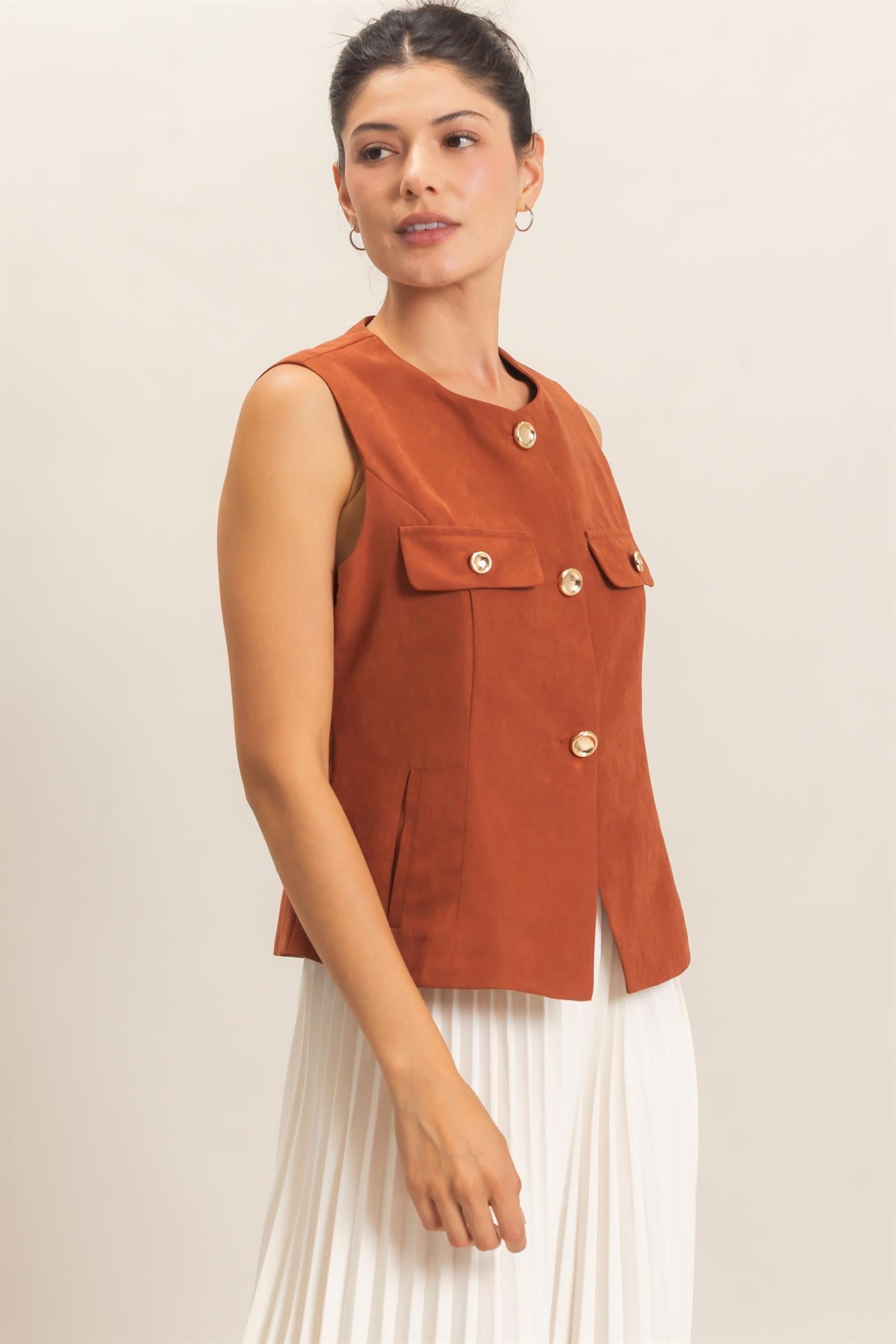Wholesale Buttoned Sleeveless Utility Vest Vests HF26E929 RUST HYFVE